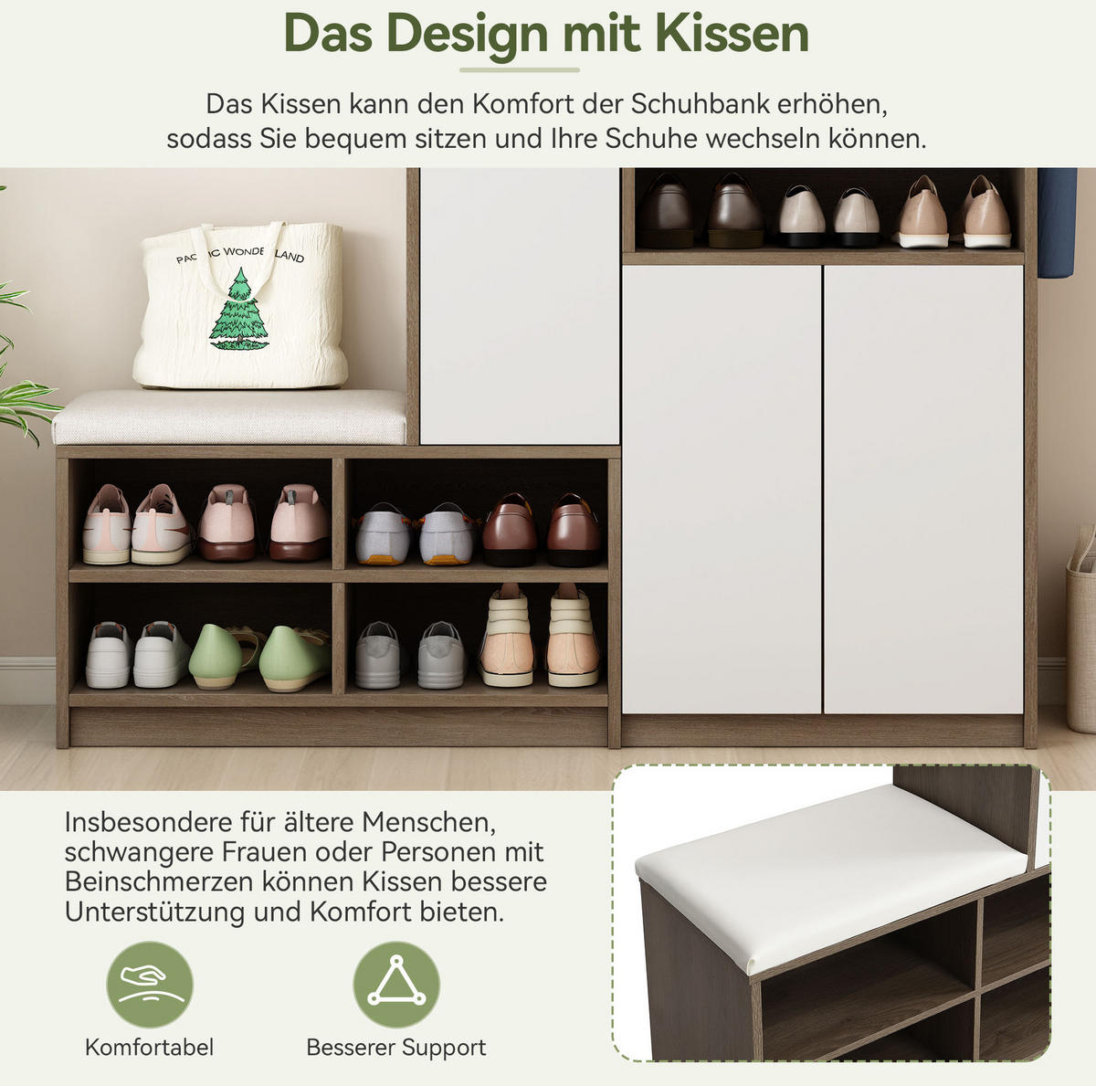 SCHUHSCHRANK aus Spanplatte 140x35x110cm Weiß mit Sitzkissen - Weiß, Holzwerkstoff (140/110/35cm) - Modfu