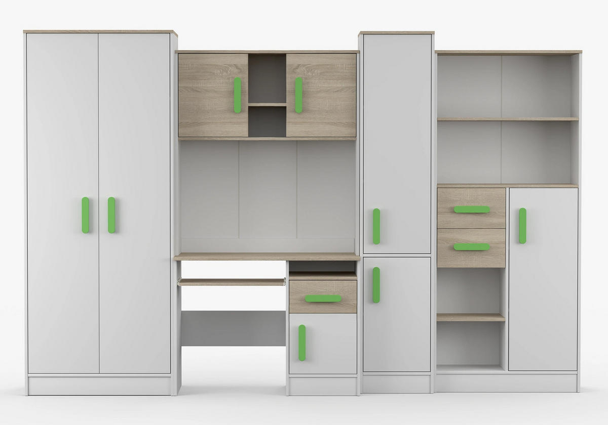 JUGENDZIMMER Wohnwand Colorino in Weiß und Eiche Sonoma – mit Limettenfarbenen Griffen 5 teilig - Kinderzimmer Komplett - Weiß, Holzwerkstoff (80/200/120cm)