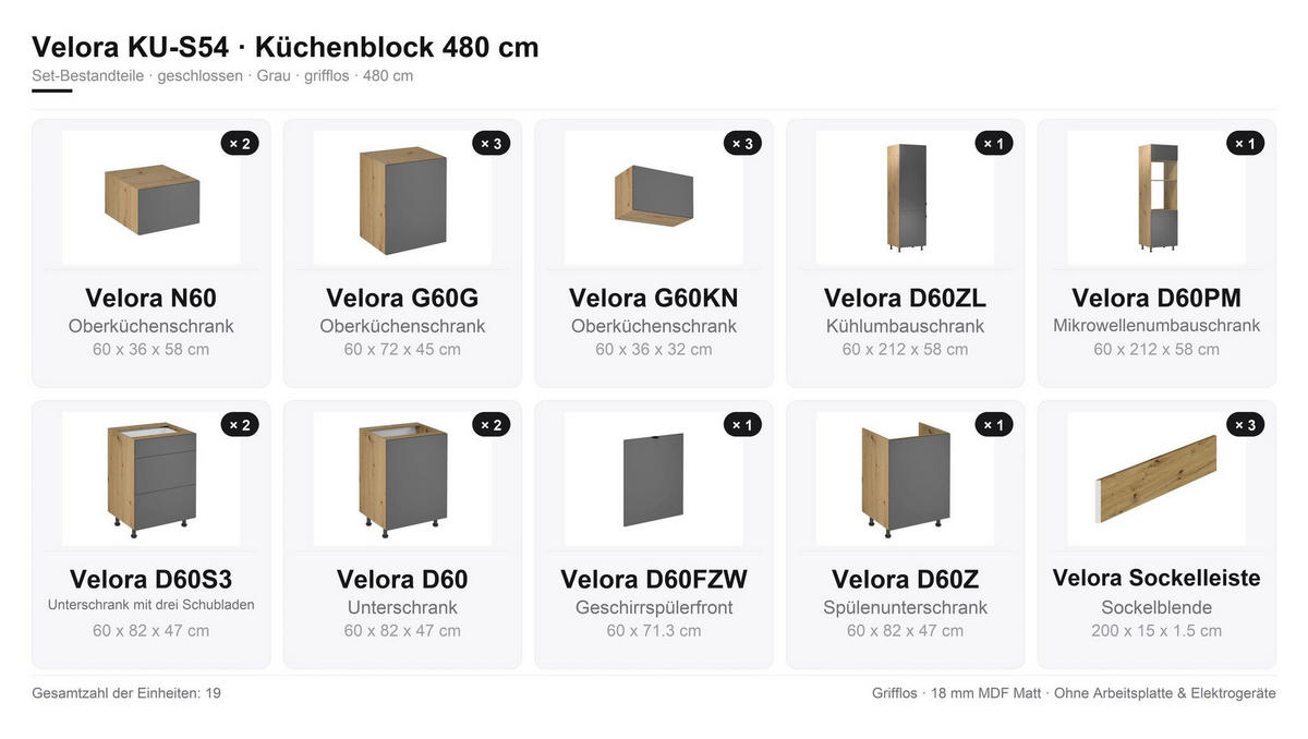 KÜCHENZEILE – Küchenblock 480 cm VELORA – KU-S54 – Grau - Grau, Holzwerkstoff (480/248/58cm) - hi-markt