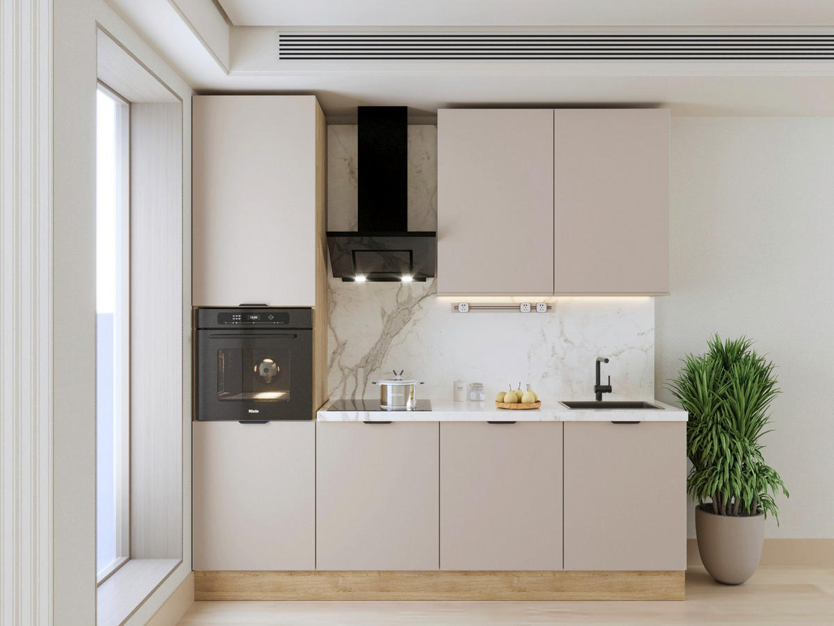 KÜCHENZEILE 240 cm Livaro – KU-S23 – Beige / Sonoma Eiche - Beige/Schwarz, Holzwerkstoff/Metall (240/247/60cm) - hi-markt