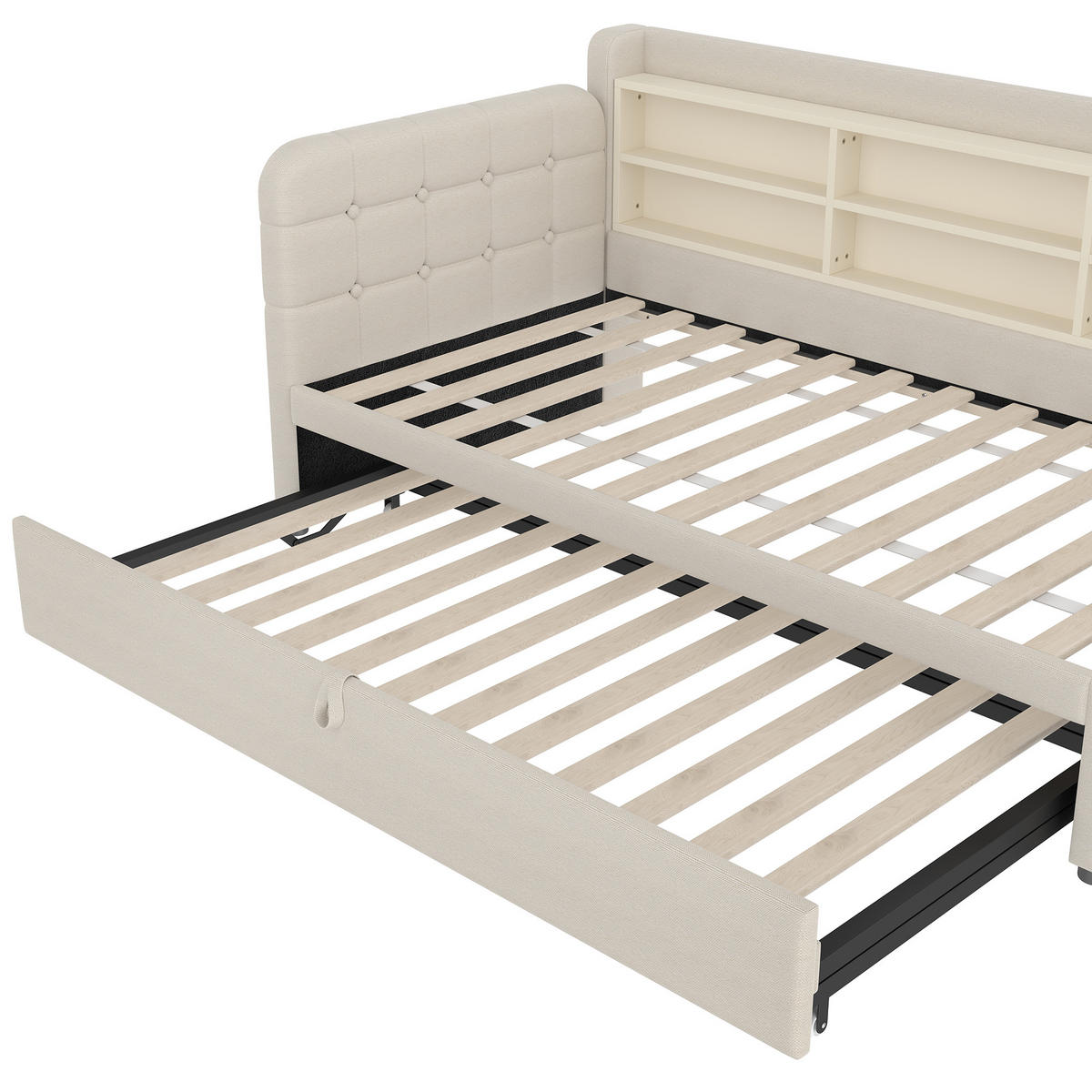 POLSTERBETT aus Leinen 90x200 cm in Beige mit Ausziehbett, USB & Typ-C - Beige, Textil (90/200cm) - Modfu