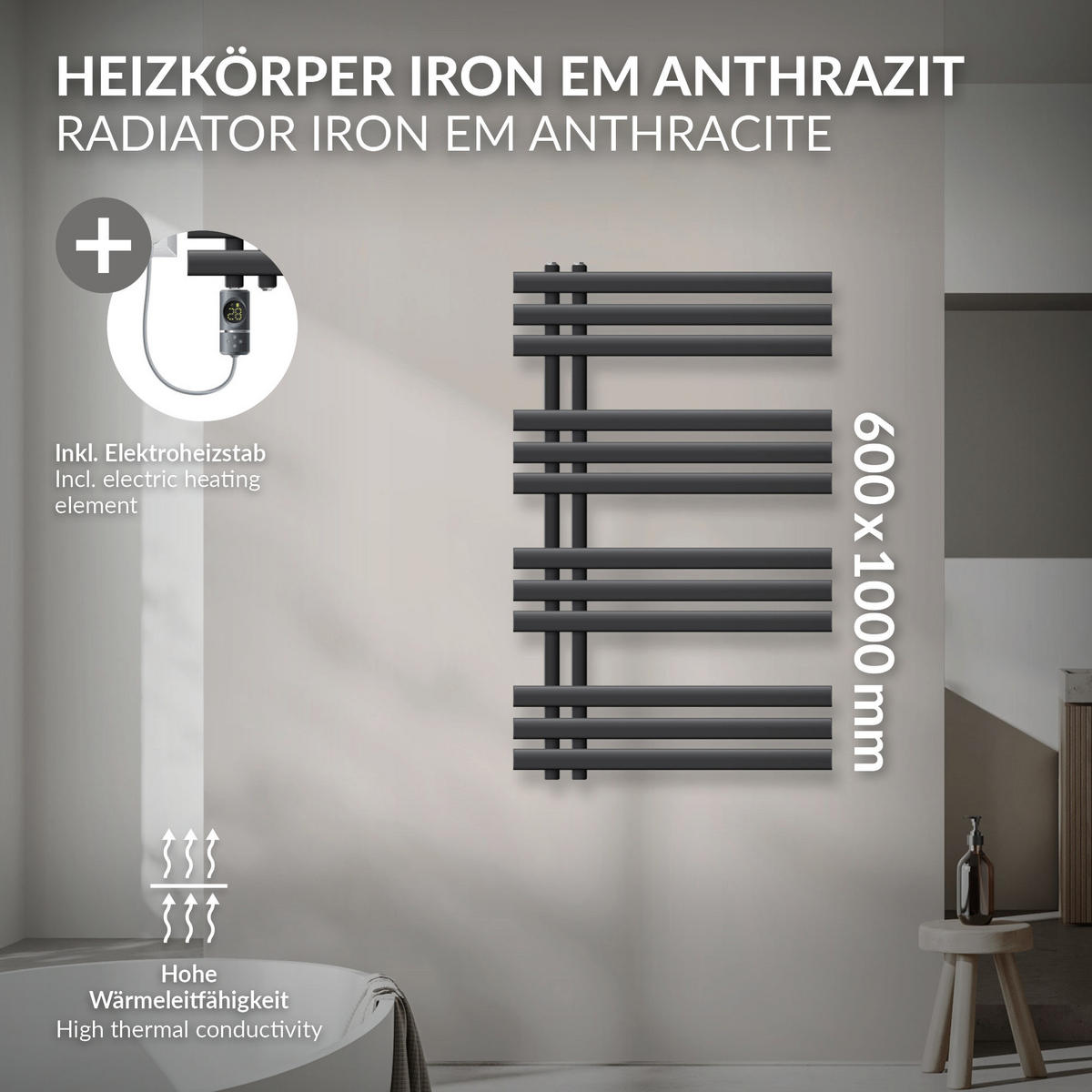 BADHEIZKÖRPER elektrisch Iron EM 600x1000 mm Anthrazit mit Heizstab 600W Digital - Anthrazit, Metall (60/100/3cm) - LuxeBath
