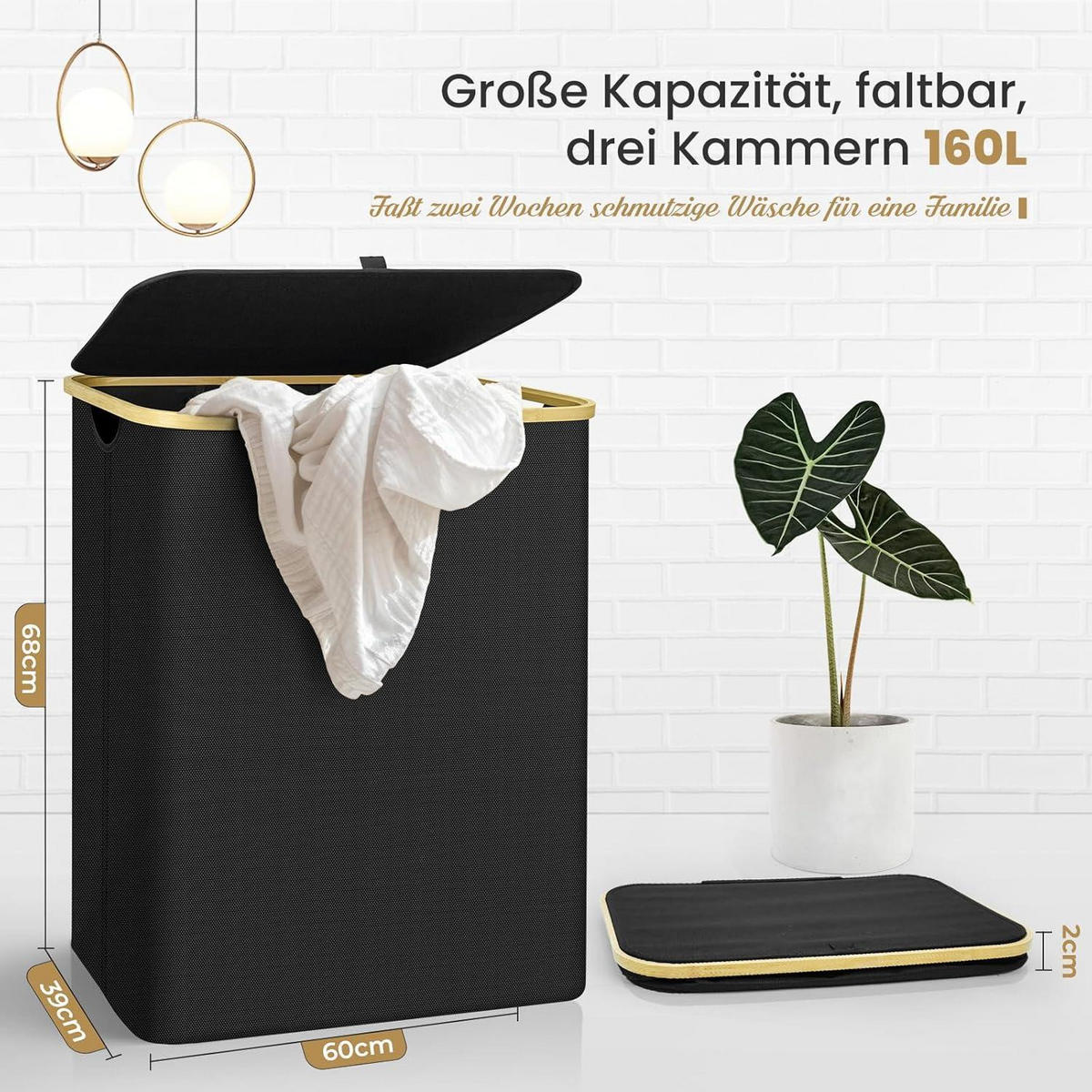 WÄSCHEKORB mit 3 Fächern und Deckel Schwarz 160L - Schwarz, Textil (68/60/39cm)