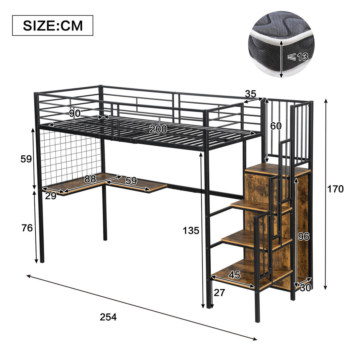 HOCHBETT 90/200 cm, Schwarz mit Kleiderschrank und seitlichen Holztreppen - Schwarz, Metall (90/200cm) - MIVRAY