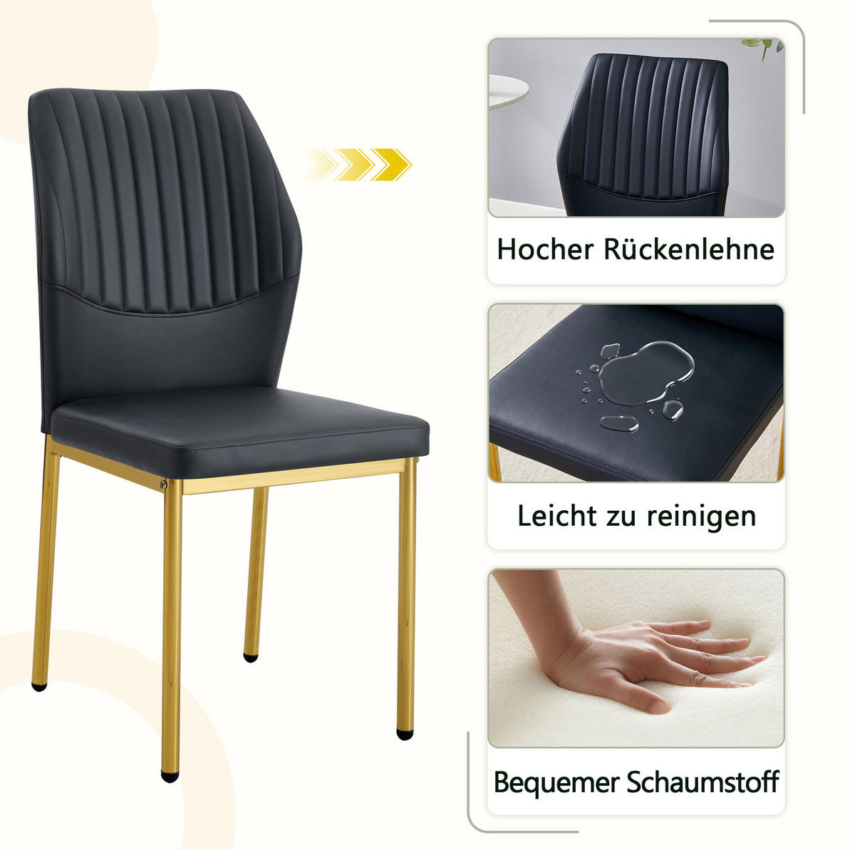 ESSZIMMERSTUHL 4er-Set PU Schwarz-Gold mit Metallbeinen - Goldfarben, Metall (42.6/93/43cm) - Meubliv