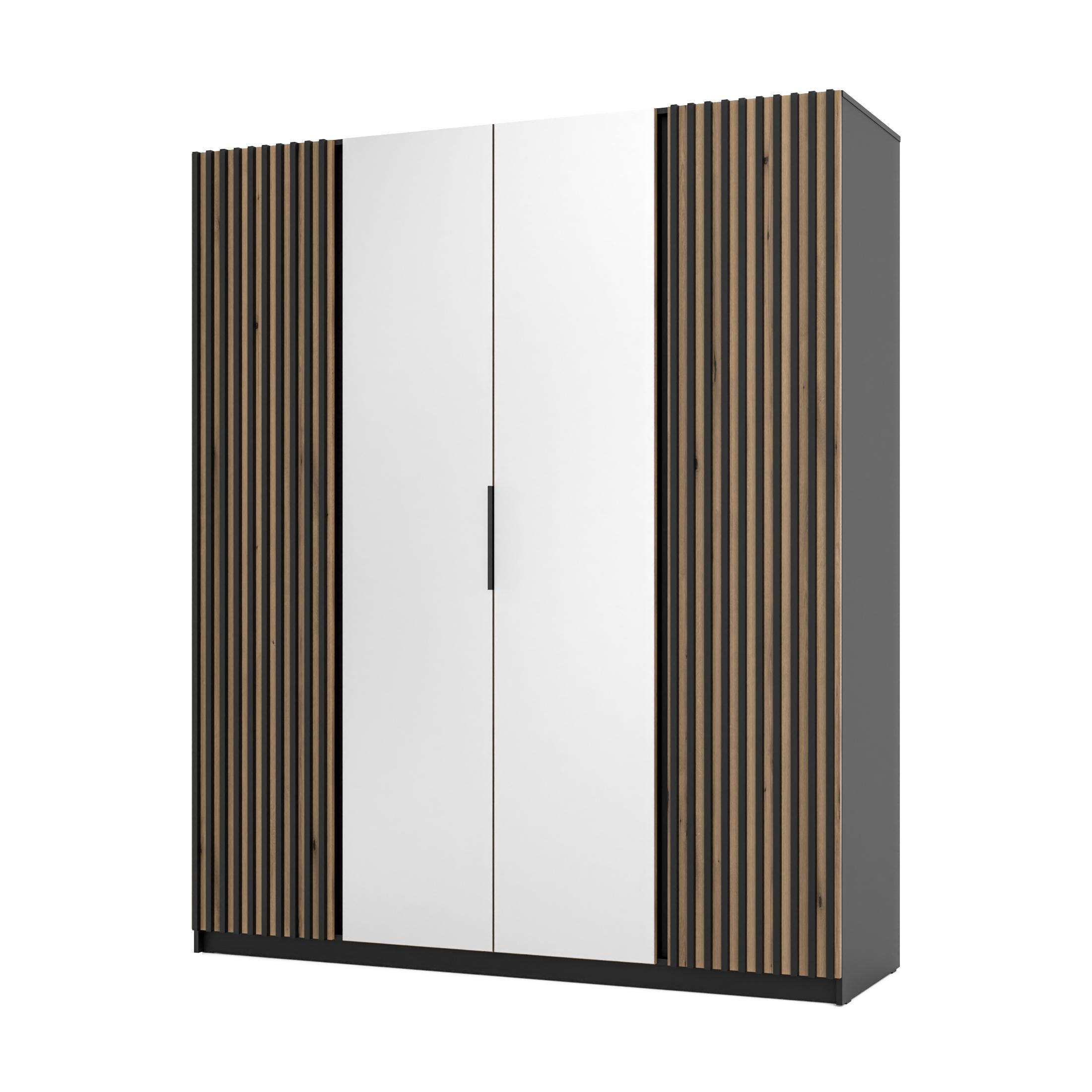 KLEIDERSCHRANK Nehir Korpus Schwarz, Front Eiche Evoke/Schwarz 200 cm - 4T Modern mit Lamellentüren außen und Spiegeln mittig - Eichefarben/Schwarz, Holzwerkstoff/Kunststoff (200/239/61.9cm) - AX Living