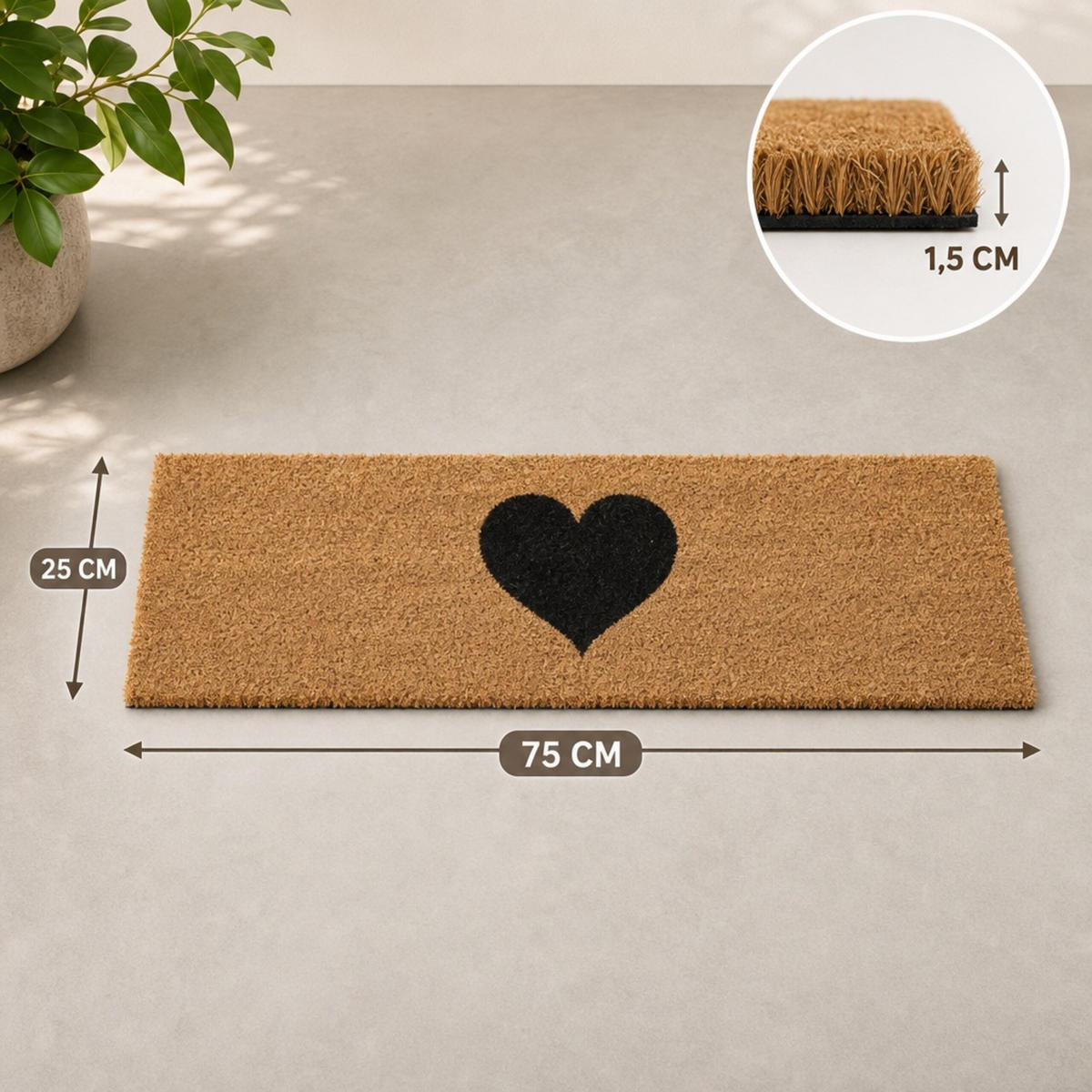 PREDPRAŽNIK Naravna Črna kokos motiv srca - svetlo rjava, umetna masa/tekstil (75/25cm) - Relaxdays