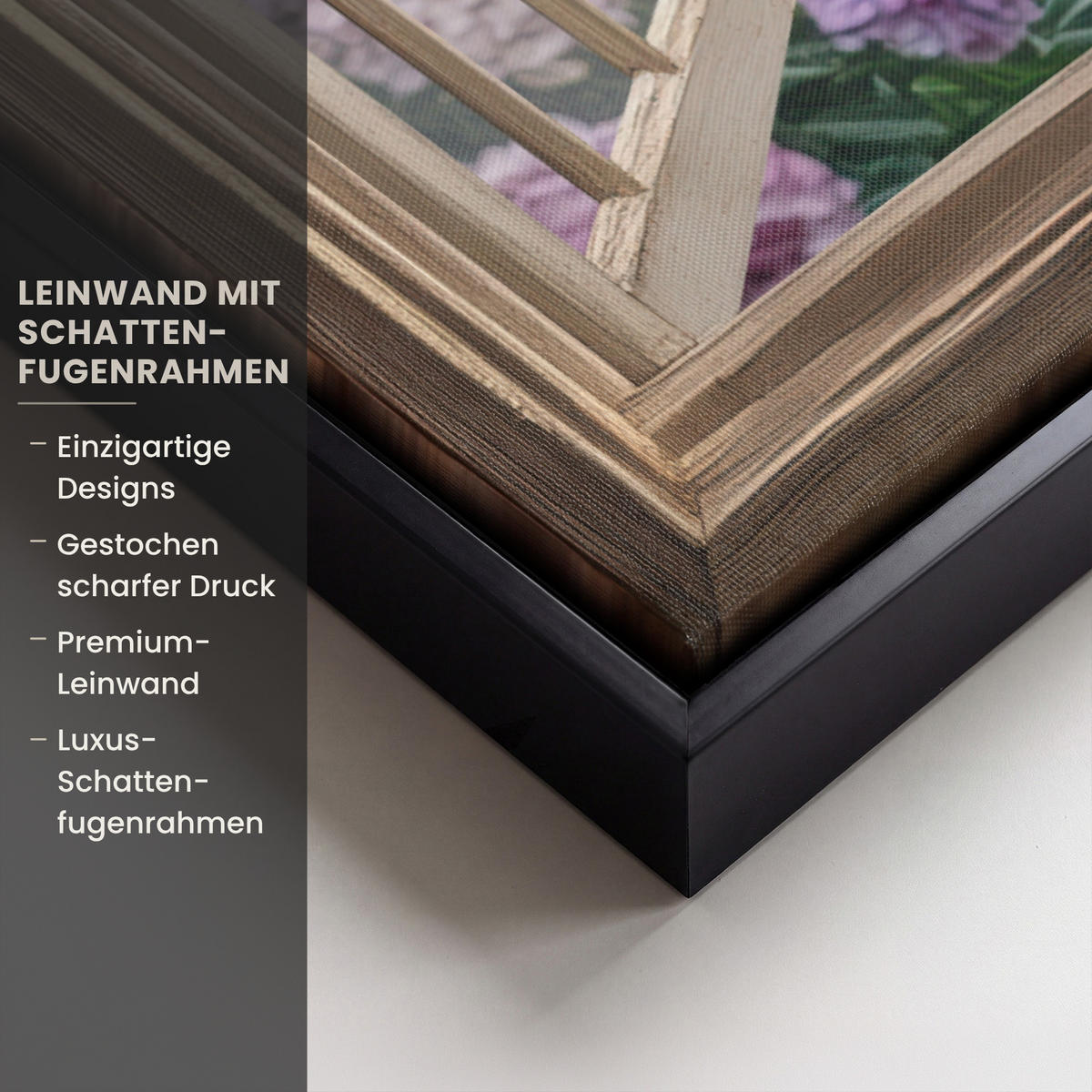 LEINWAND Bilder mit Rahmen - Aussicht - Garten - Fenster - Hortensie - Blumen - 50x50 - Pastellblau, Textil (50/50cm) - MuchoWow
