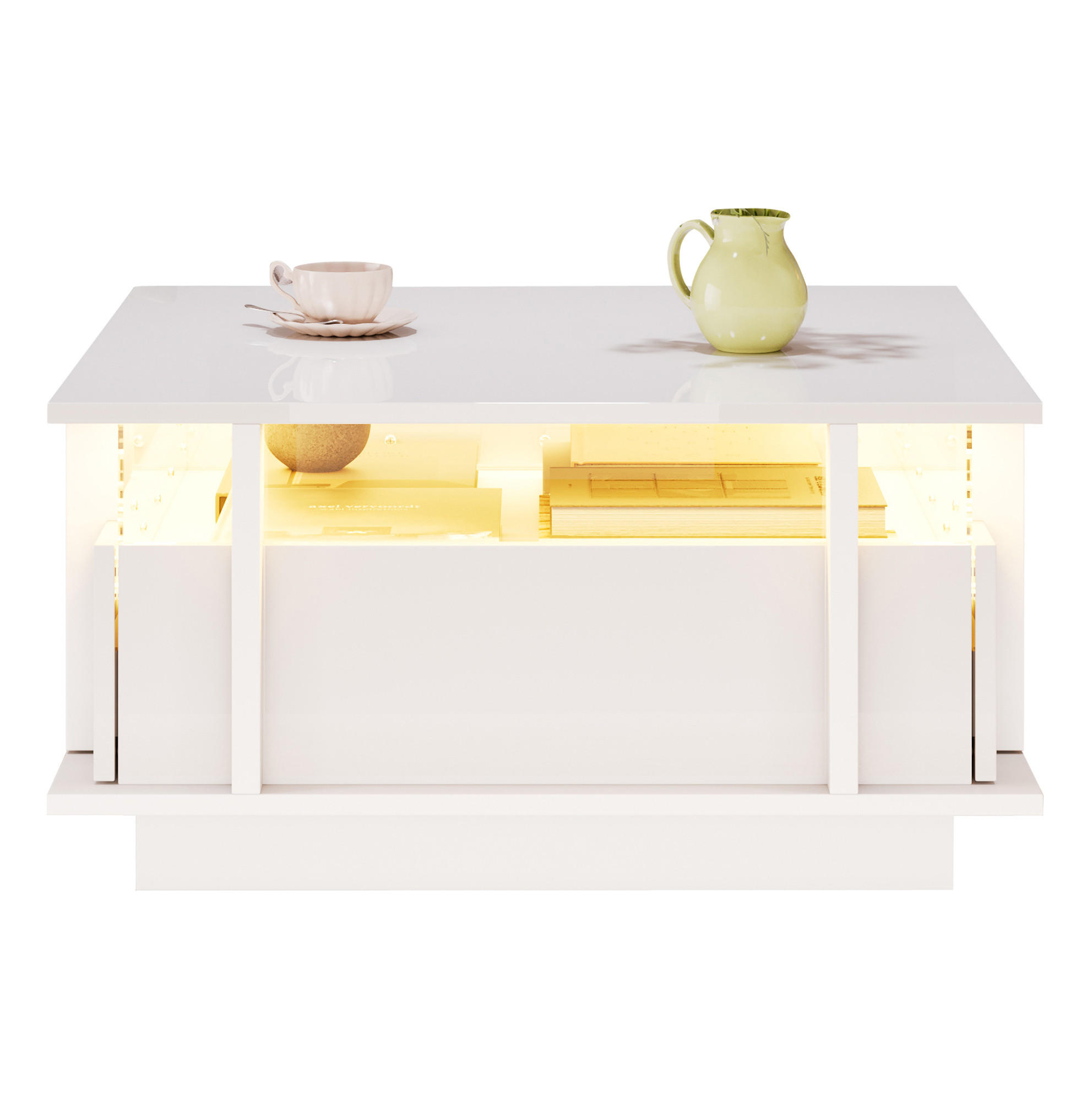 COUCHTISCH aus Spanplatte 70x70x35 cm Weiß mit 2 Schubladen, LED-Beleuchtung und Acryl-Trennelementen - Weiß, Holzwerkstoff (70/70/35cm) - IVMEU