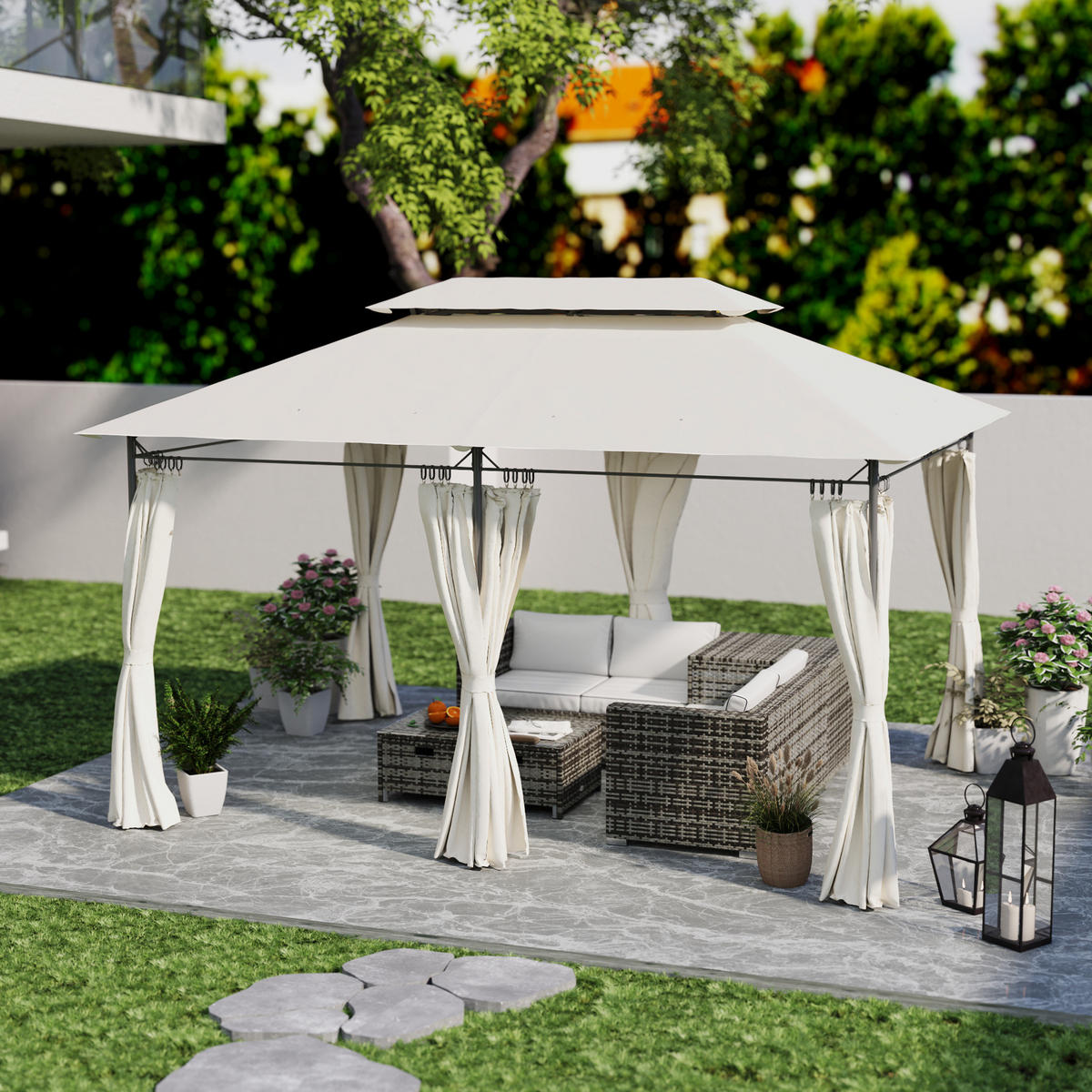PAVILLON mit Doppeldach & 6 Seitenteile Cremeweiß - Creme, Textil/Metall (297/273/397cm) - Outsunny