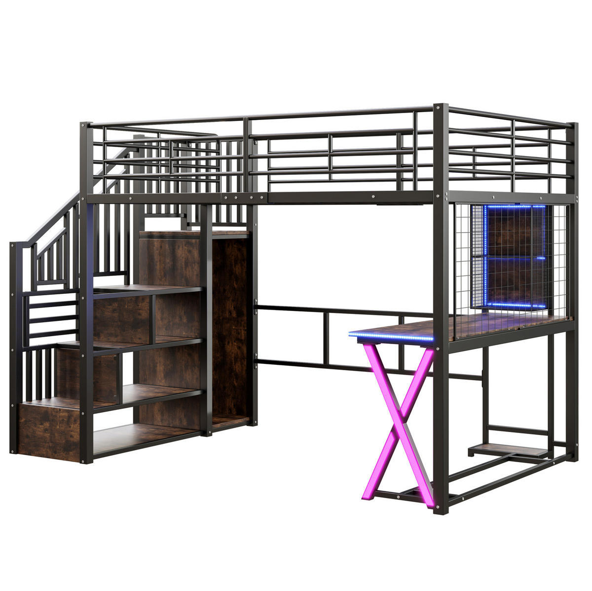 HOCHBETT 140/200 cm aus Metall und MDF mit LED-Beleuchtung, Schreibtisch und Kleiderschrank Schwarz - Schwarz, Metall (140/200cm) - Modenvie