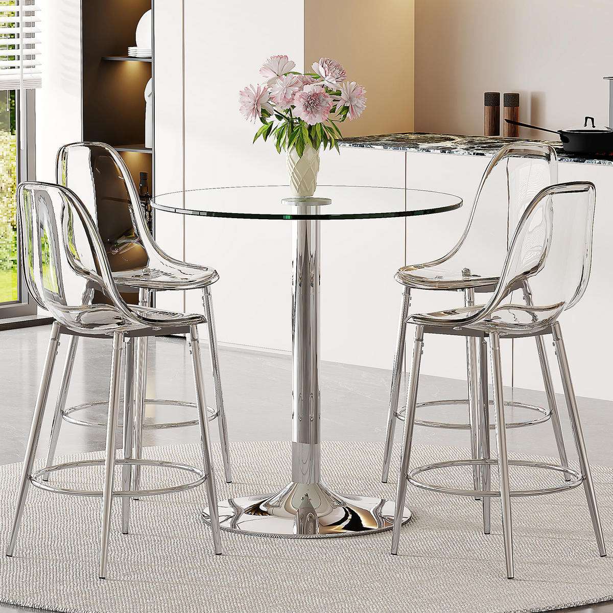 BARTISCH-SET DE-39404 5-teilig, Glastisch und 4 Hocker Transparent/Silber - Silberfarben, Metall (89/92/89cm) - ComfortXL