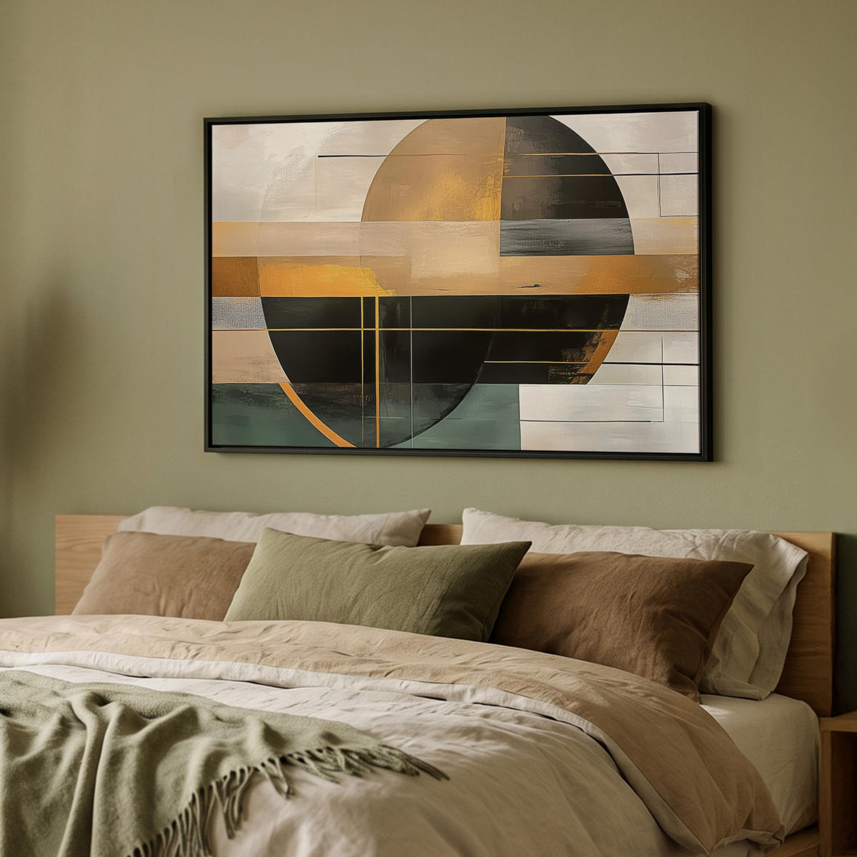LEINWAND Bilder mit Rahmen - Abstrakt - Gold - Bronze - Grün - Formen - Modern - 90x60 - Multicolor, Textil (90/60cm) - MuchoWow