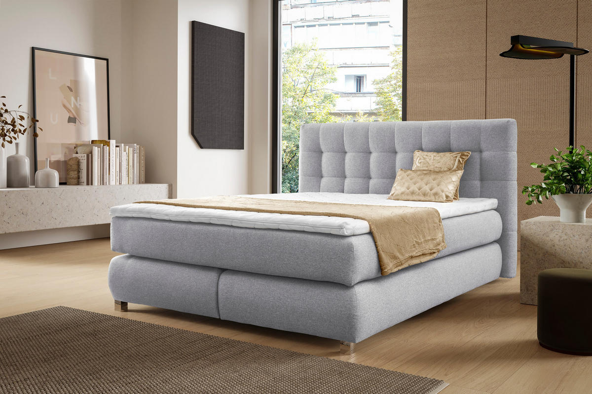 BOXSPRINGBETT Ben mit Pocketmatratze und Bonellmatratze inkl. Topper - Hellgrau, Textil (220/200cm) - AN-Moebel 4u