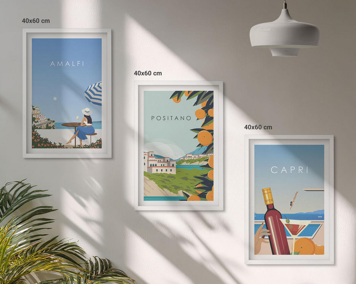 BILDER SET 3er Set - 40x60 cm Weißer Rahmen - Amalfi, Positano und Capri - Weiß, Kunststoff (40/60cm) - TULUP