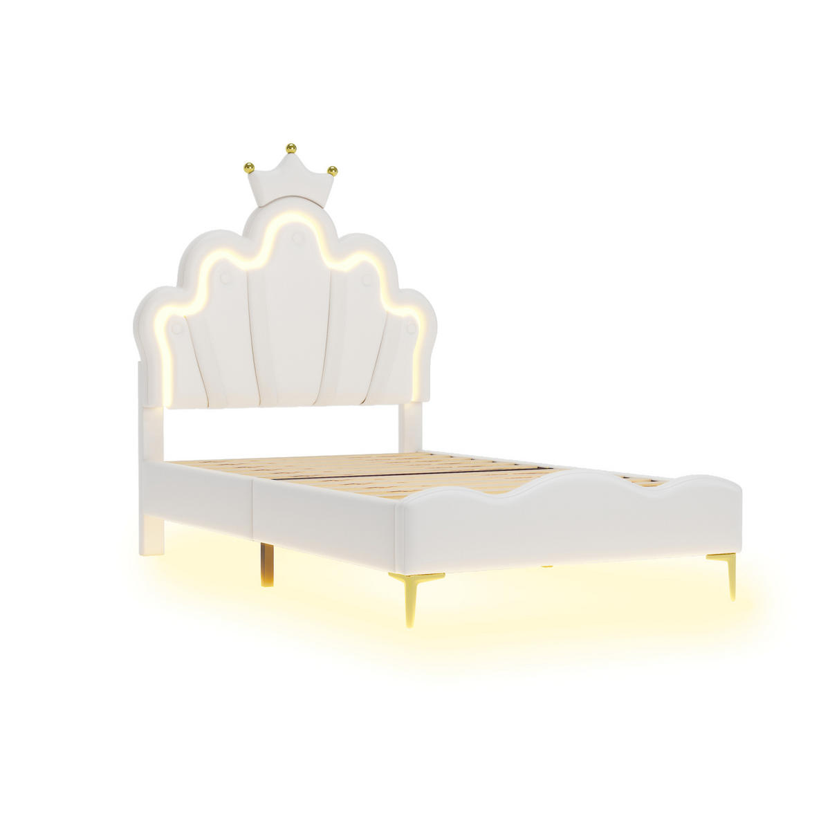 POSTEL 90/200 cm s LED osvětlením, korunkovým čelem a měkkým čalouněním, Bílá - bílá, plast (90/200cm) - Redom