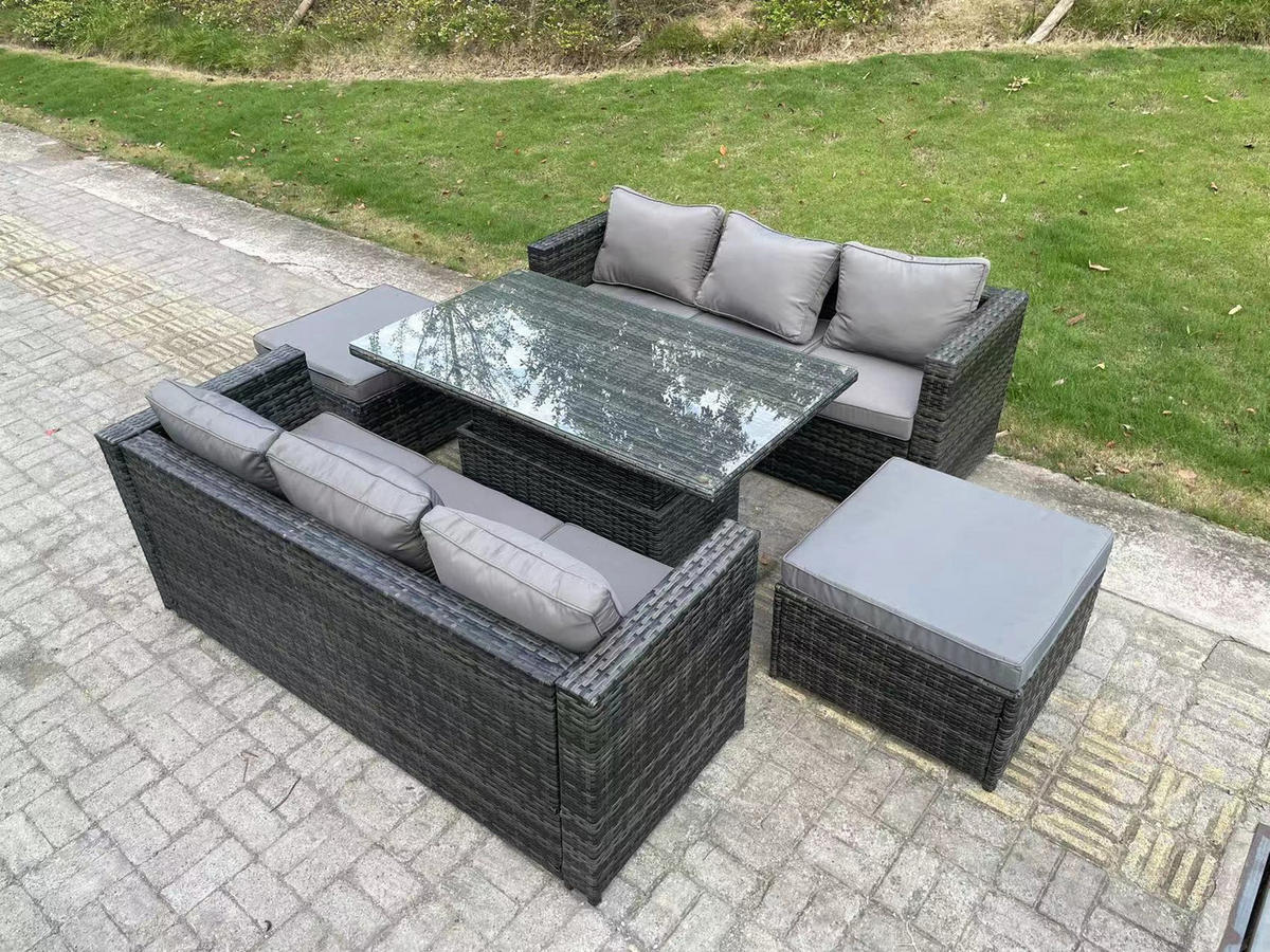 GARTENMÖBEL HÖHENVERSTELLBARER ESSTISCH SET MIT HOCKER 8-Sitzer - Dunkelgrau/Grau, Glas/Kunststoff - Fimous