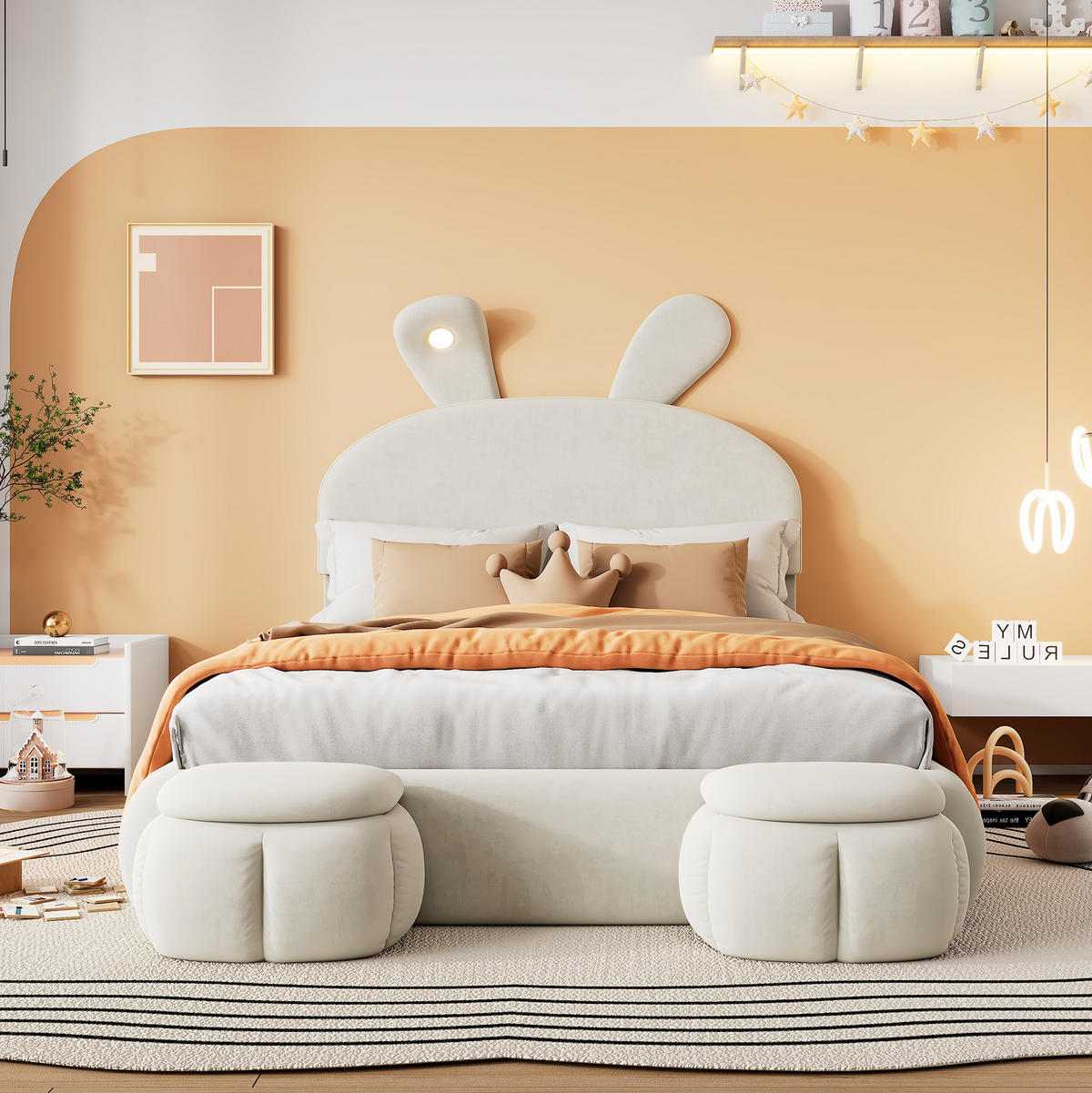 POLSTERBETT 140/200 cm aus Samt mit Stauraum und LED-Beleuchtung in Beige - Weiß, Textil (140/200cm) - Flora Grace