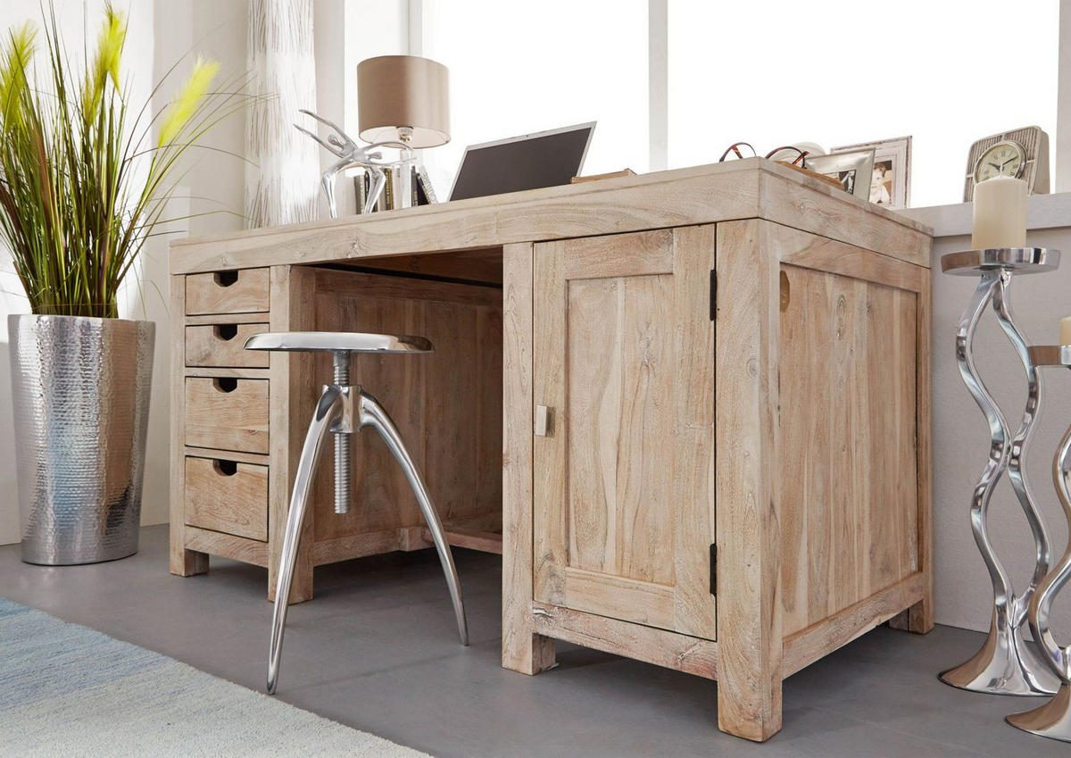 SCHREIBTISCH Akazie 150x75x78 white stone getüncht NATURE WHITE #70 - Beige, Holz (75/150/78cm) - Massivmoebel24