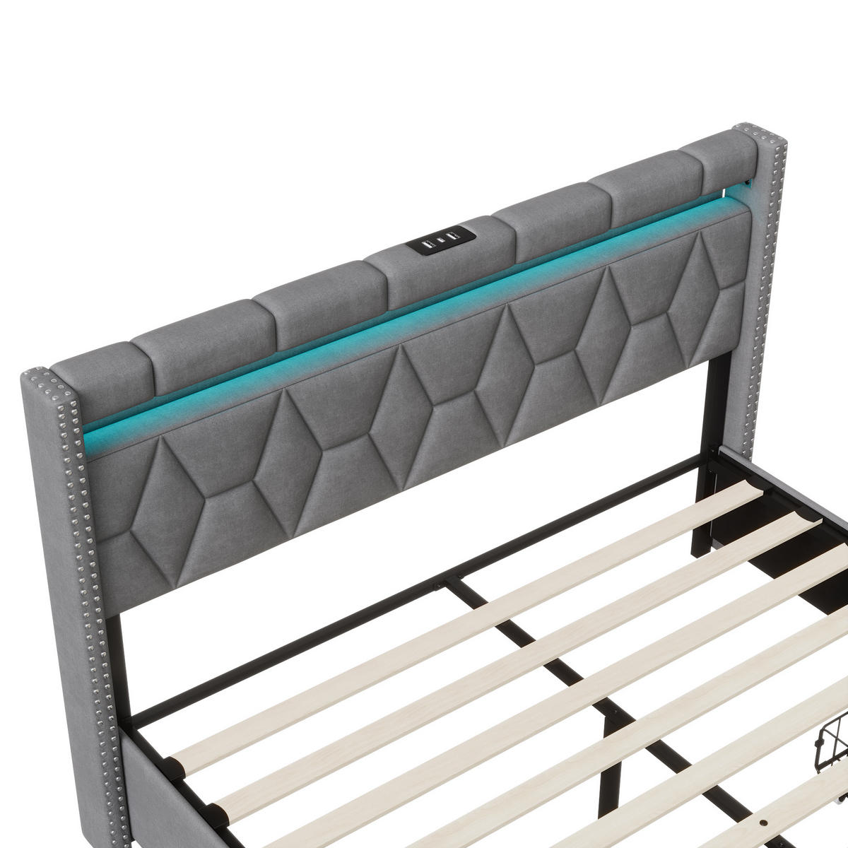 POLSTERBETT 140x200 cm, Grau, LED-Beleuchtung und 4 Schubladen - Grau, Textil/Metall (140/200cm)