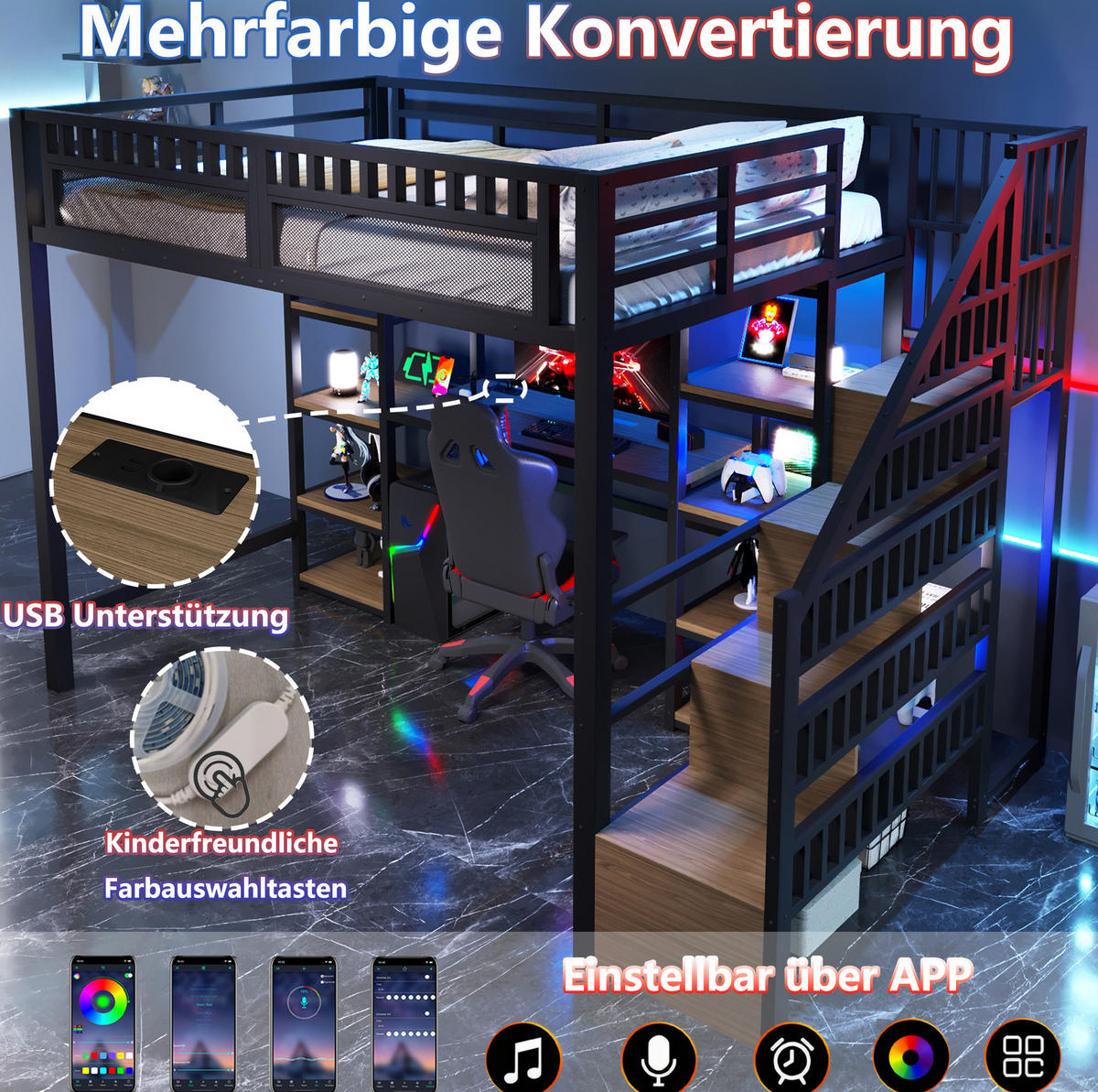 HOCHBETT aus Metall und MDF 140x200 cm Schwarz mit Schreibtisch, Stauraumtreppe, LED und USB - Schwarz, Metall (140/200cm) - IVMEU