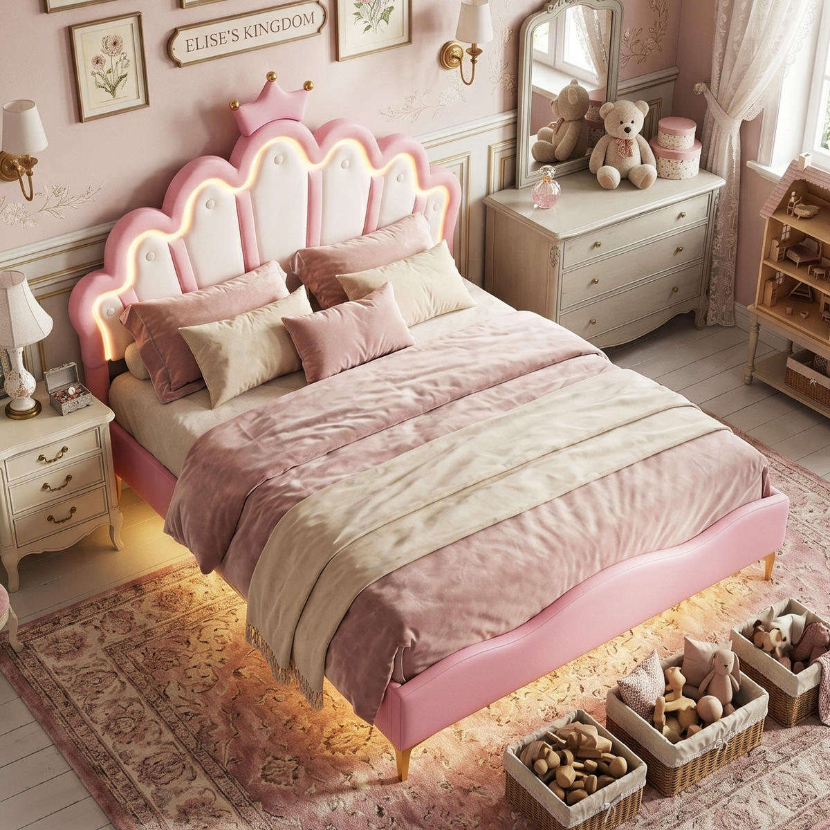 POLSTERBETT Bogen-Krone mit 2-Zonen-LED & Goldbeinen 140/200 cm PU-Leder Rosa - Pink, Leder (140/200cm) - Creahappy