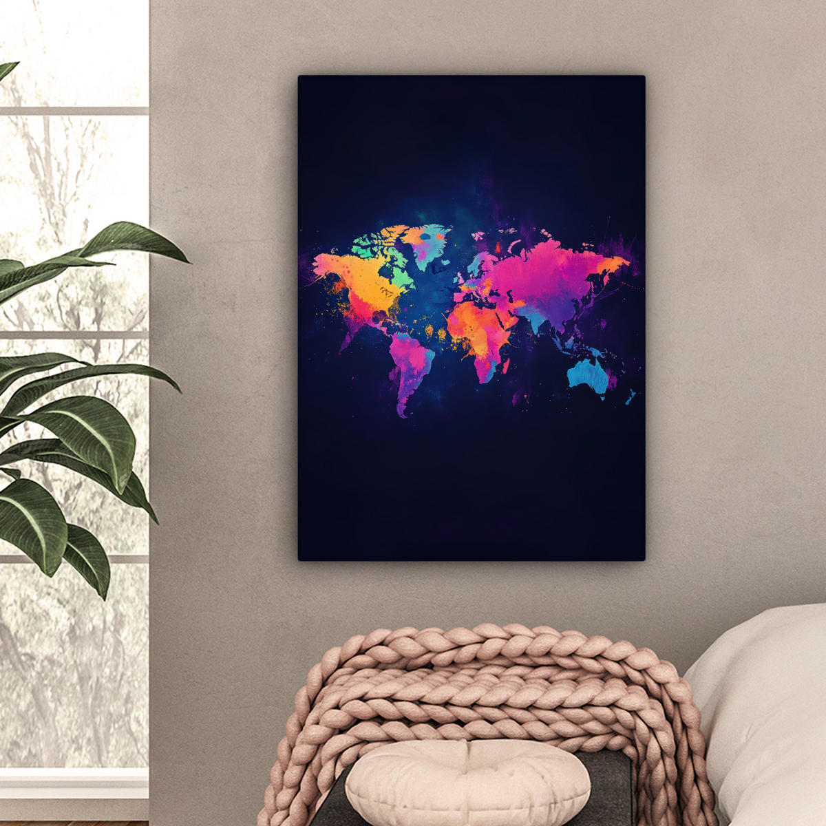 LEINWANDBILD Weltkarte - Bunt - Graffiti 60x80 cm - Multicolor, Textil (60/80cm) - MuchoWow