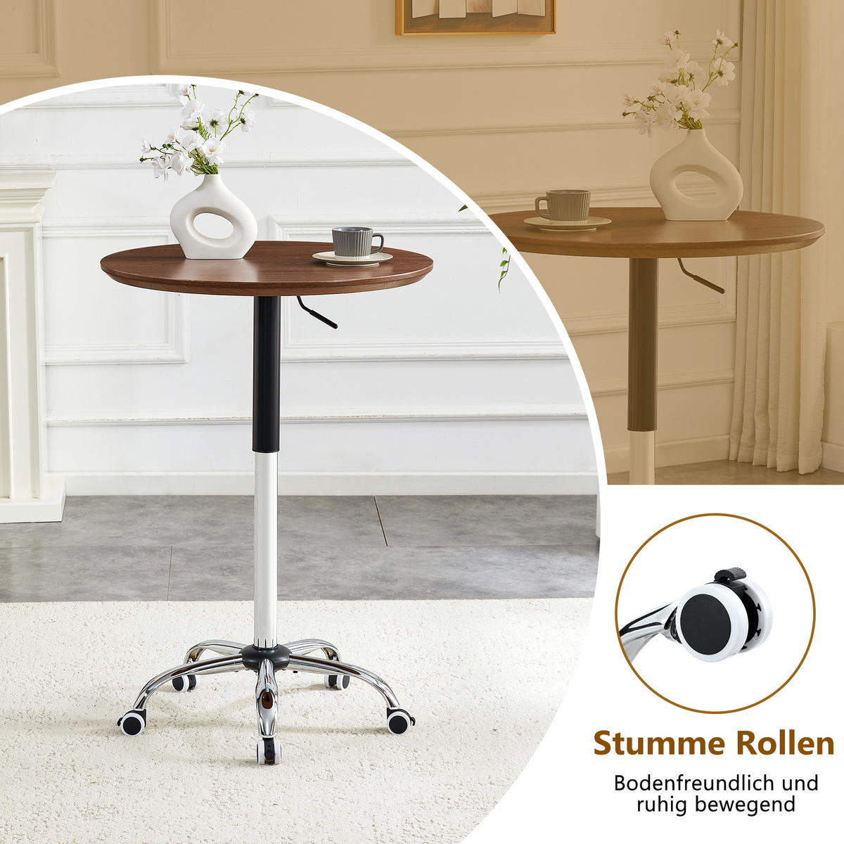 BEISTELLTISCH Nussbaumfarben Ø 70 cm Höhenverstellbar Rollbar - Walnussfarben, Holzwerkstoff (70/70/73.5cm) - PANGIVO