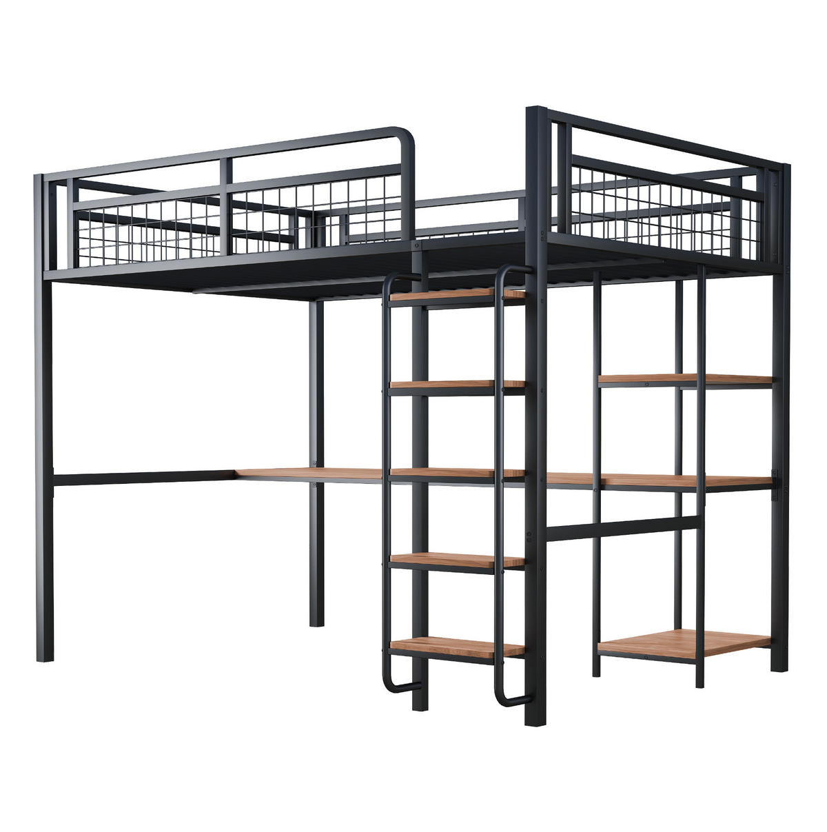 HOCHBETT aus Metall und MDF 140x200 cm Schwarz mit Tisch, Regalen und Sicherheitsleiter - Schwarz, Metall (140/200cm) - IVMEU