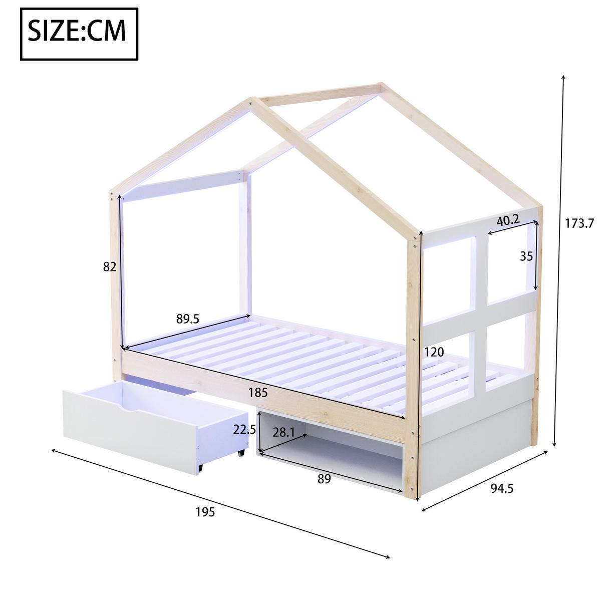 HAUSBETT 90/180 cm Weiß/Holzfarben aus Holz mit LED und Stauraum - Eichefarben, Holzwerkstoff (90/190cm) - OKWISH