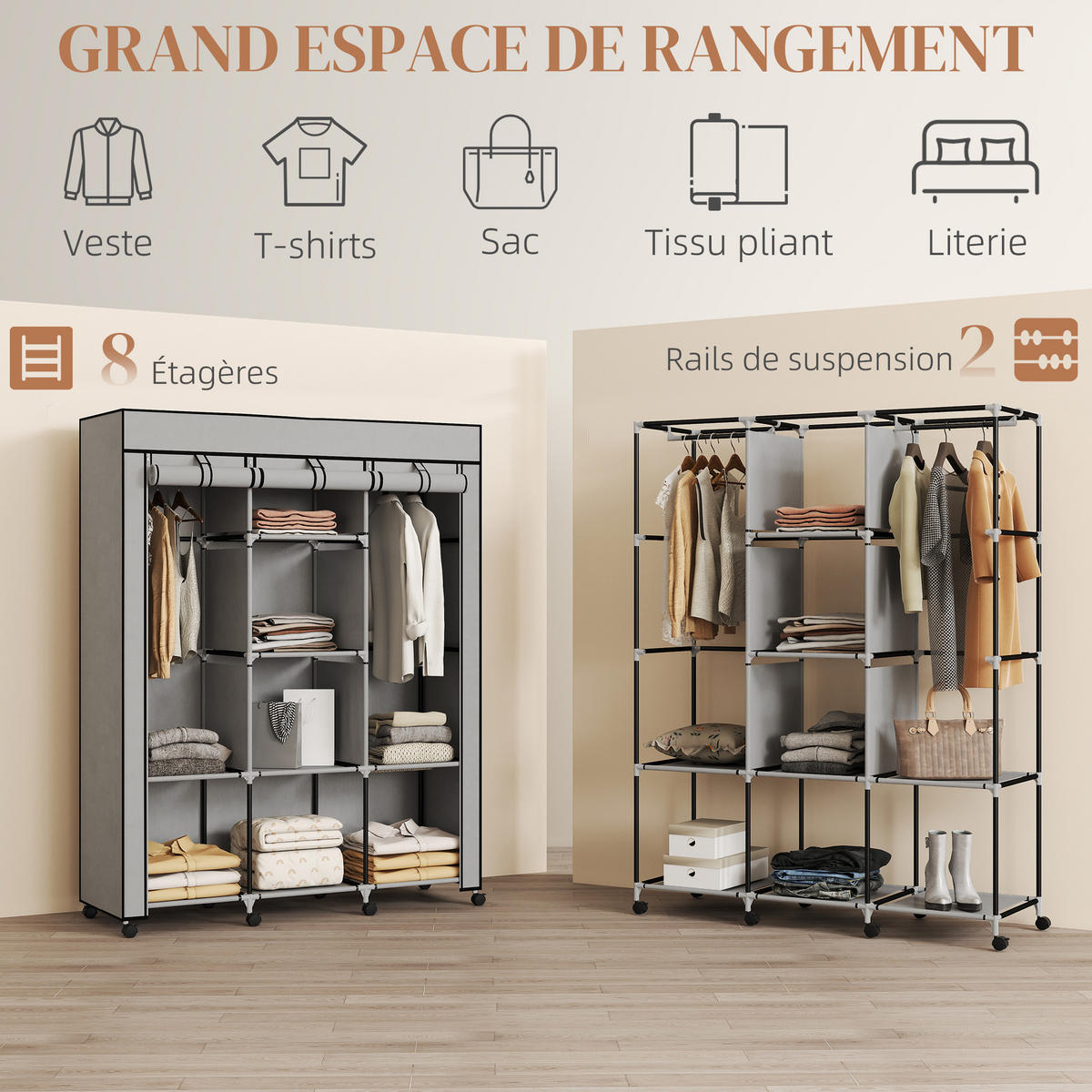 STOFFSCHRANK DE-17217 8 Böden & 2 Kleiderstangen, 8 Rollen Grau - Grau, Metall (43/162.5/125cm) - ComfortXL
