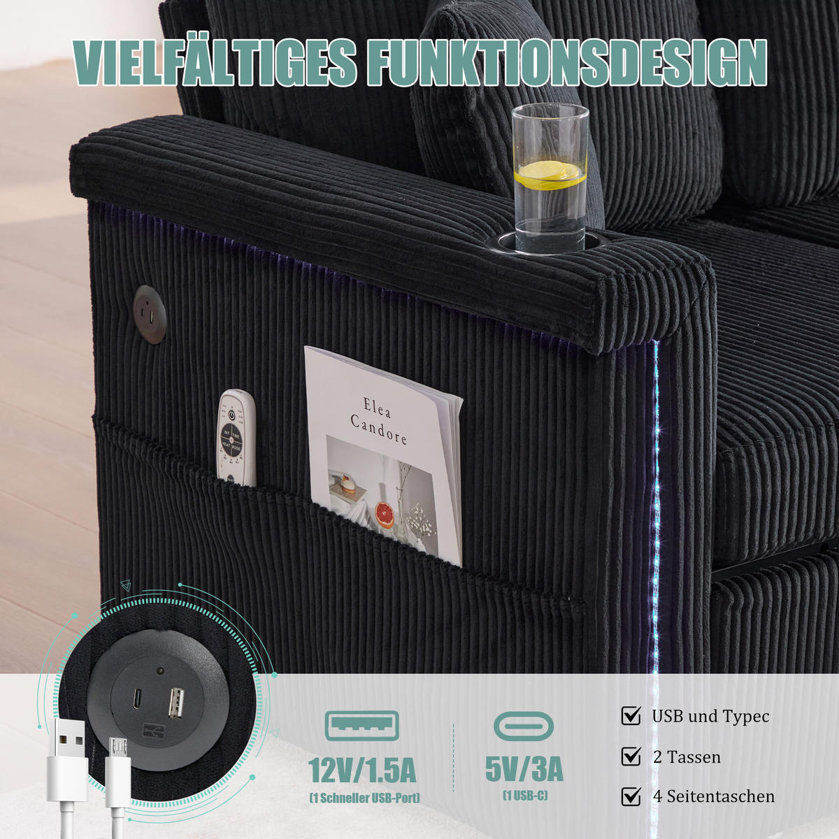 ECKSOFA Corduroy mit LED und USB-Anschluss Stauraum-Schubladen 194/73/81 cm Schwarz - Schwarz, Textil (73/194cm) - Redom