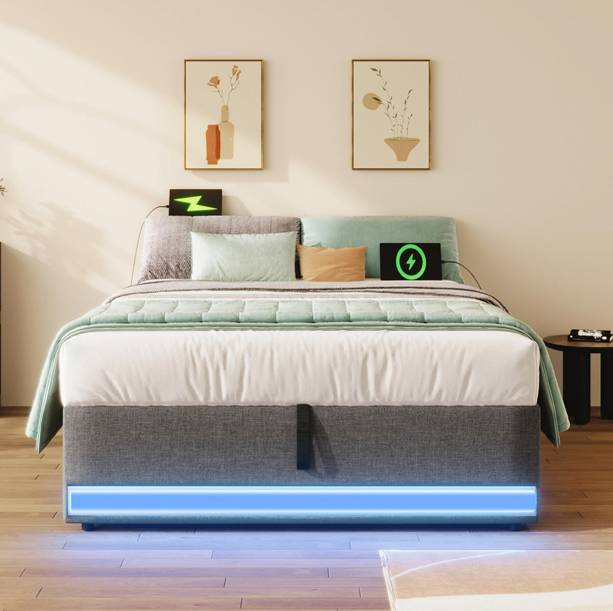 ČALÚNENÁ posteľ z ľanu a MDF 90x200 cm sivá s LED osvetlením, USB a Type-C portom, hydraulickým úložným priestorom - sivá, textil (90/200cm) - Modfu