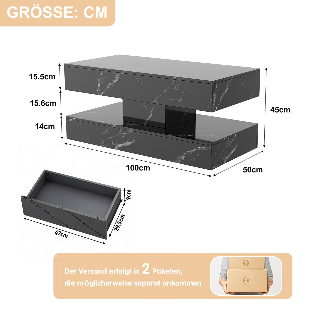 COUCHTISCH 100x50 cm Schwarz Hochglanz Marmoroptik mit LED-Beleuchtung & Schubladen - Schwarz, Holz (100/50/45cm) - SHOPENTRA
