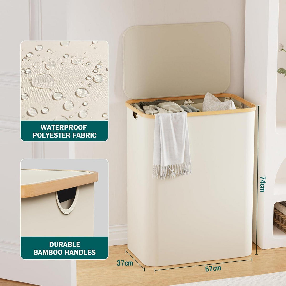 WÄSCHEKORB mit Deckel 3 Fächer 160L Beige - Creme, Naturmaterialien (37/74/57cm)