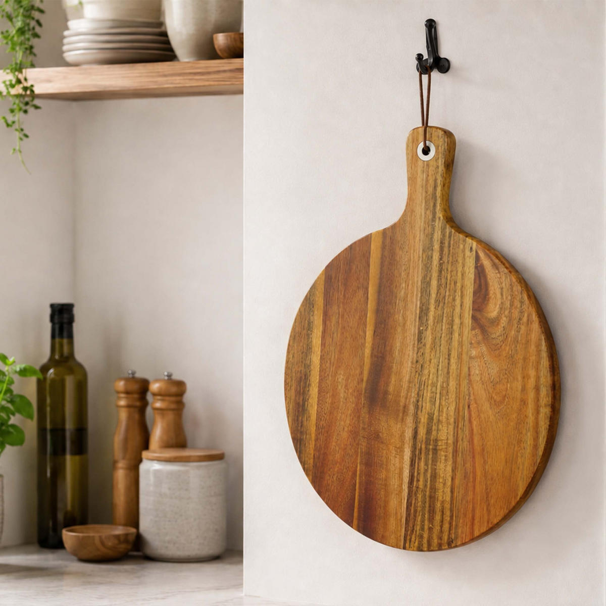 TOCATOR natural pentru pizza lemn de acacia cu mâner 28 cm - maro deschis, lemn/metal (28/37.5cm) - Relaxdays