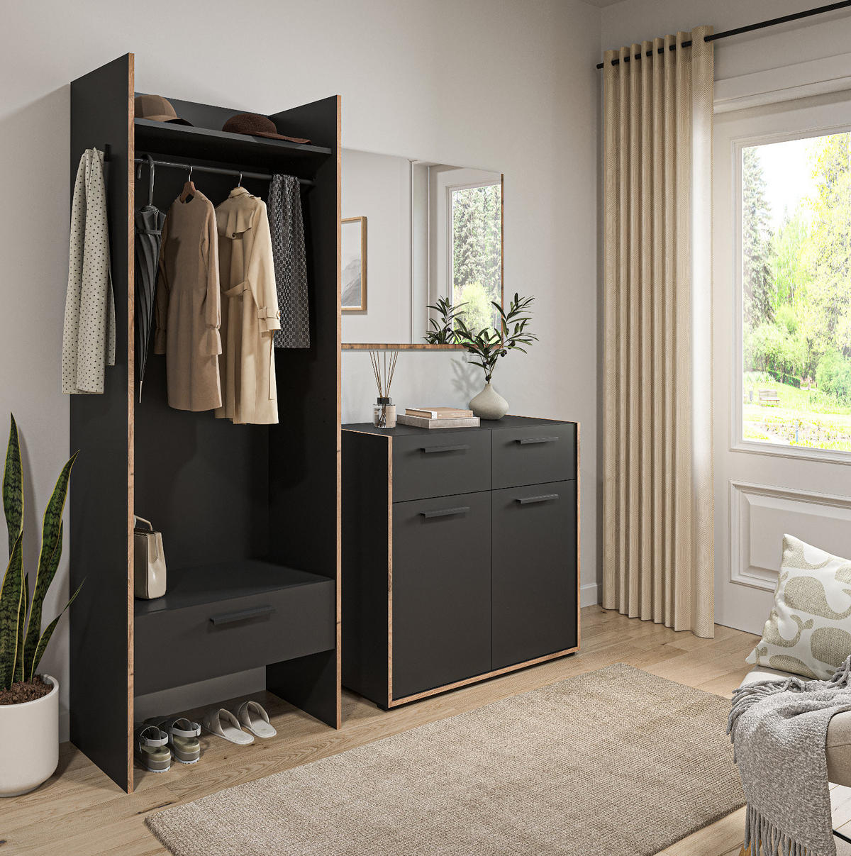 GARDEROBE-SET grau und Nox Eiche, Garderobenkombination 3-teilig, 180 x 189 cm, Salud - Dunkelgrau/Schwarz, Holzwerkstoff/Kunststoff (180/189/37cm) - Inn.Furn