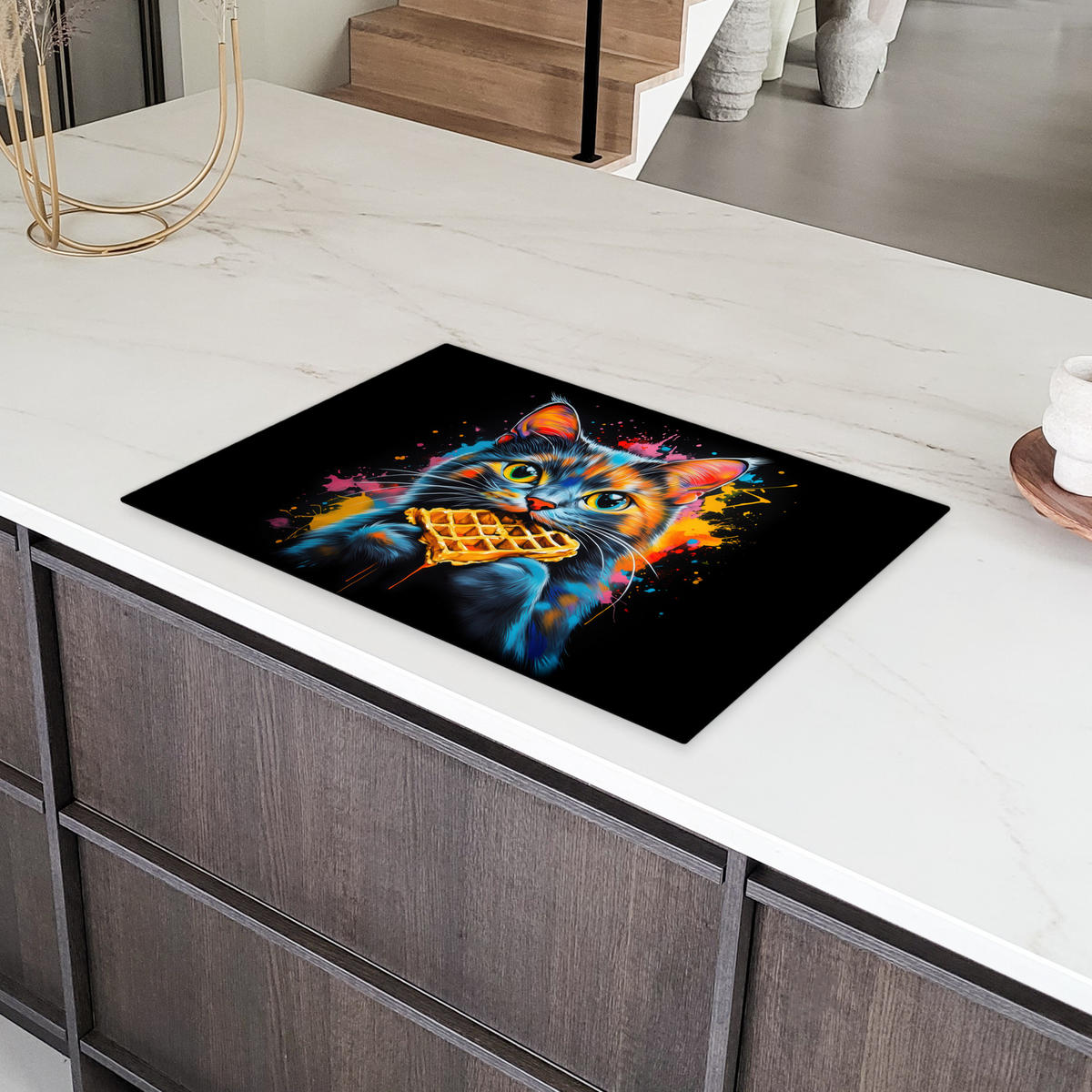 HERDABDECKPLATTE Katze - Graffiti - Bunt - Waffel - Essen Induktionsmatte 77x51 cm - Multicolor, Kunststoff (77/51/0.2cm) - MuchoWow