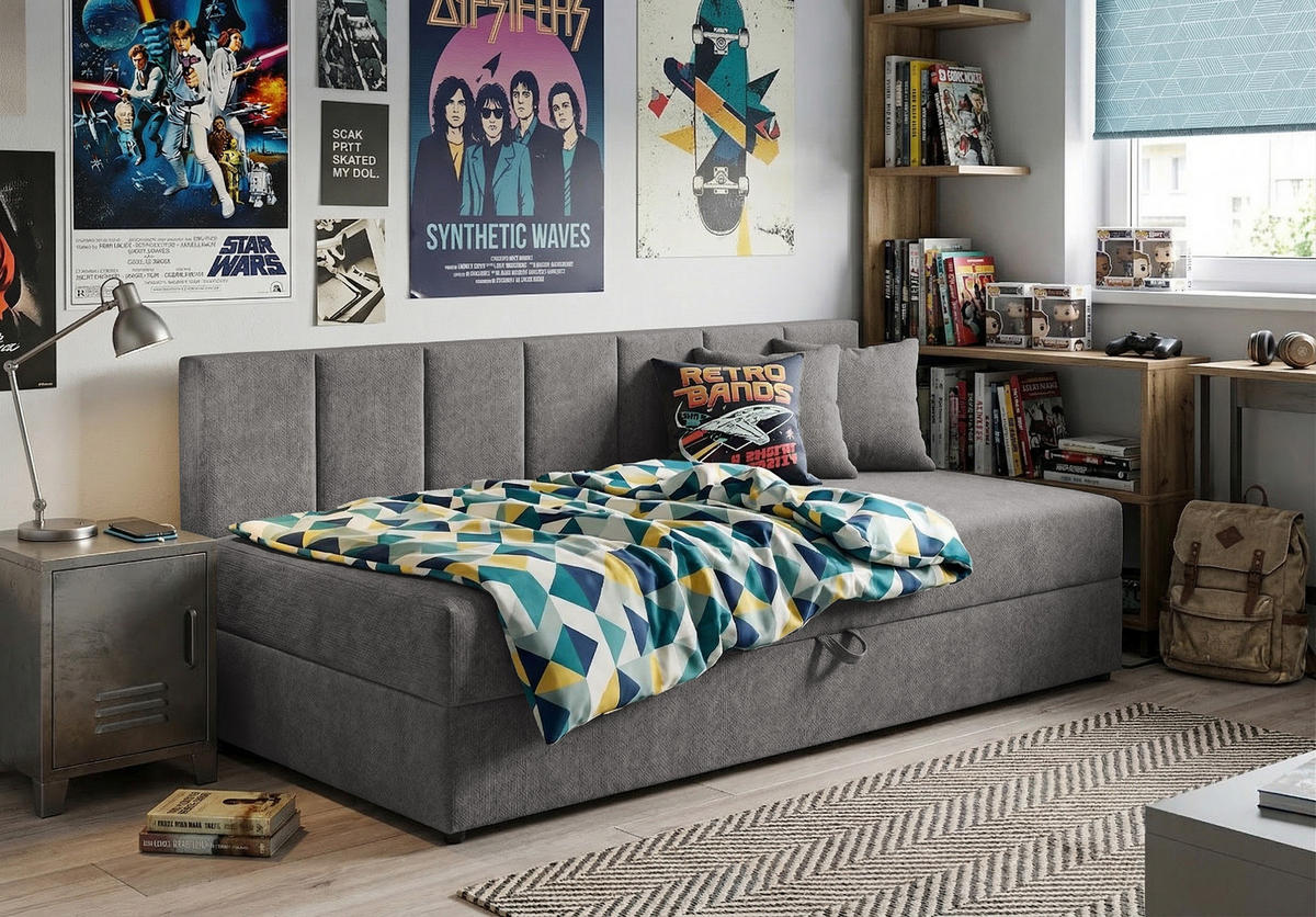 TAGESBETT Lenny mit Rückenlehne und großem Bettkasten aus Grau Chenille-Stoff - Schwarz/Grau, Holz/Kunststoff (90/200cm) - S-Style Möbel