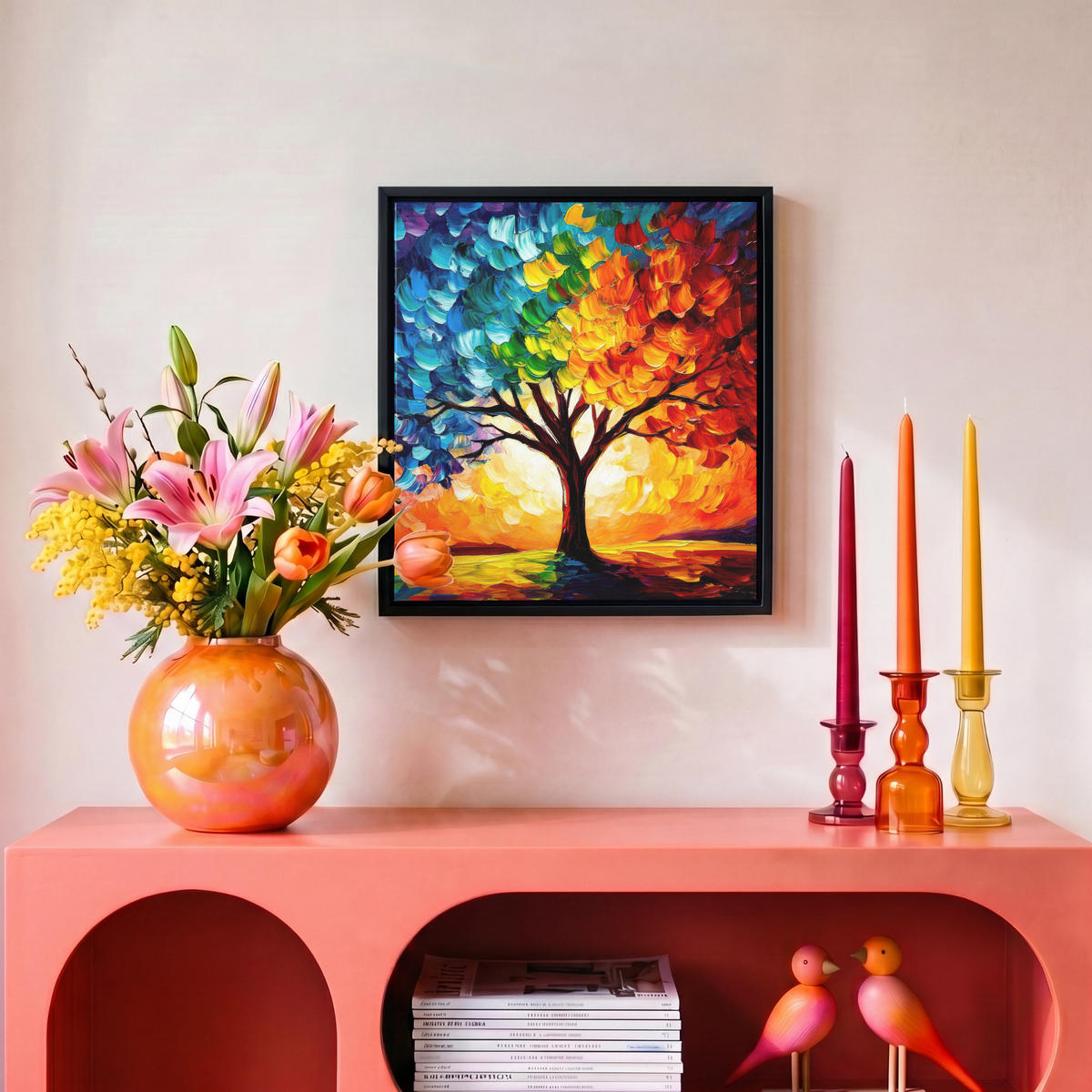 LEINWAND Bilder mit Rahmen - Baum - Kunst - Natur - Sonnenuntergang - 20x20 - Multicolor, Textil (20/20cm) - MuchoWow