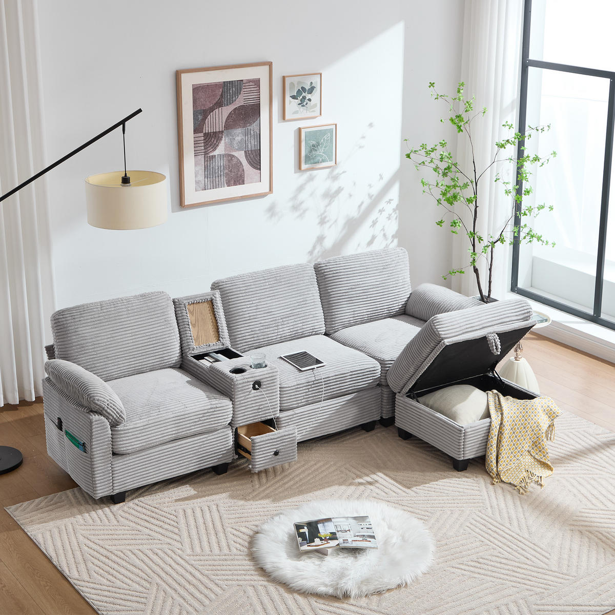 ECKSOFA Cord Hellgrau mit USB-C, Mittelkonsole und Hocker - Hellgrau, Holzwerkstoff/Textil (266/136cm) - WISHDOR