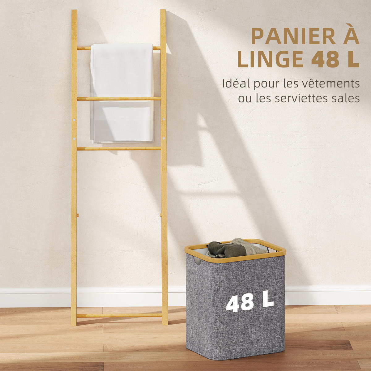 HANDTUCHLEITER DE-17344 mit Wäschekorb (48 l) & 3 Stangen Grau - Grau, Naturmaterialien (43/133/35cm) - ComfortXL