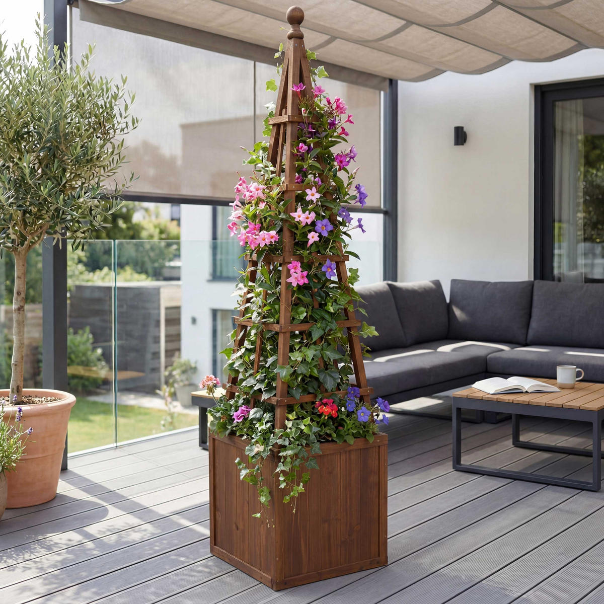 RANKGITTER MIT PFLANZKASTEN Dunkelbraun - Dunkelbraun, Holz (168cm) - MCW