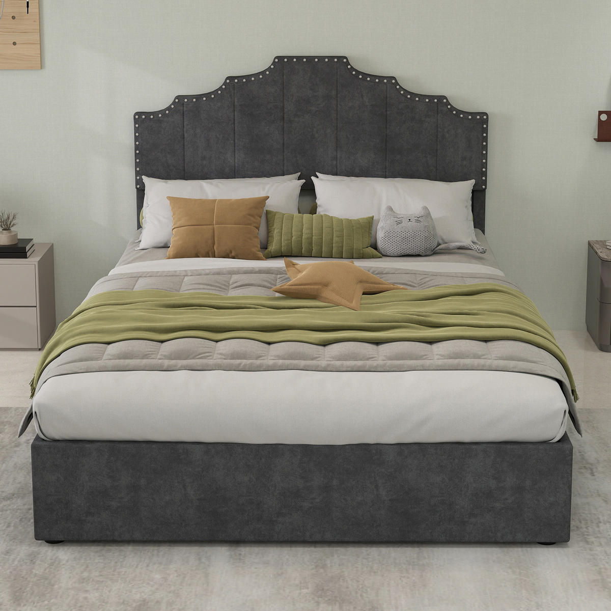 POLSTERBETT 140/200 cm mit gepolstertem Kopfteil und Lattenrost, geometrisches Design, Grau - Grau, Textil (140/200cm) - Redom