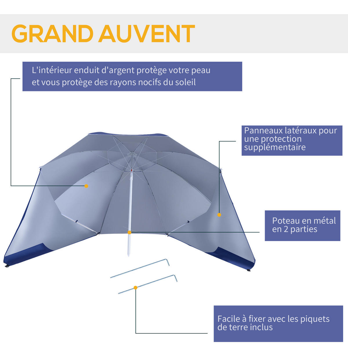 STRANDSCHIRM 2-IN-1 DE-11617 mit Windschutz UPF50+ Marineblau - Blau, Metall (200/210cm) - ComfortXL