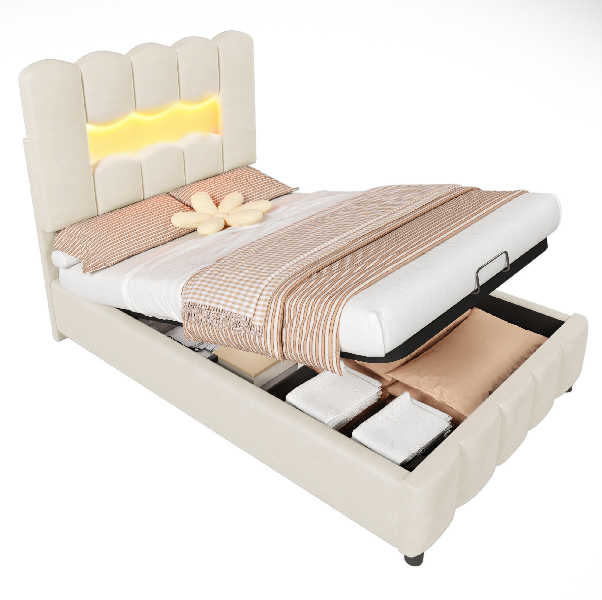POLSTERBETT 90/200 cm in Beige mit Stauraum und LED-Beleuchtung - Beige, Textil (90/200cm) - Flora Grace