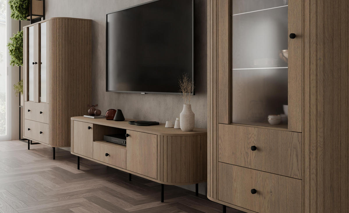 VITRINE Halay Eiche Cremona, 1 Tür & 2 Schubladen Moderne Rillenstruktur, mit runden Kanten - Eichefarben/Schwarz, Holzwerkstoff/Metall (97.4/155/42.3cm) - AX Living