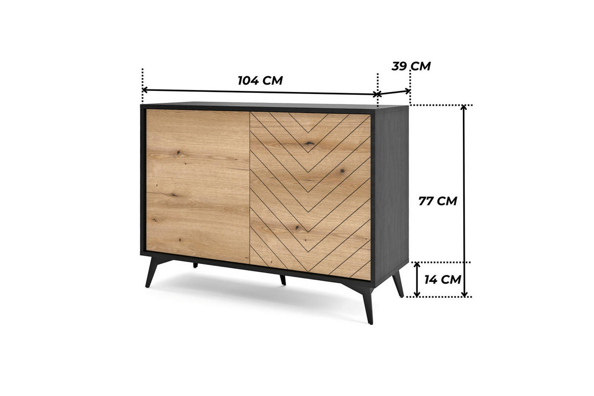 KOMMODE DIAMOND K2D (Eiche Evoke, Schwarz, Fischgrätmuster, Metallfüße, Push to Open) - Eichefarben/Schwarz, Holz/Holzwerkstoff (104/77/39cm) - Ravio