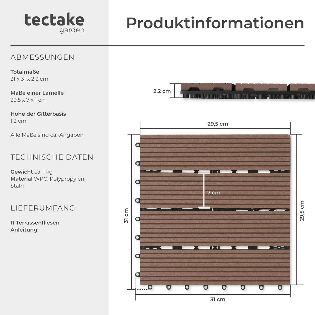 TERRASSENFLIESEN Tegulas,31 x 31 x 2,2 cm,braun - Braun, Kunststoff (31/31/2.2cm) - tectake