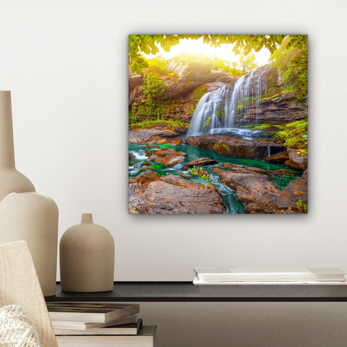 LEINWANDBILD Natur - Wasserfall - Pflanzen - Bäume - Sonne Deko Wohnzimmer 20x20 cm - Olivgrün, Textil (20/20cm) - MuchoWow